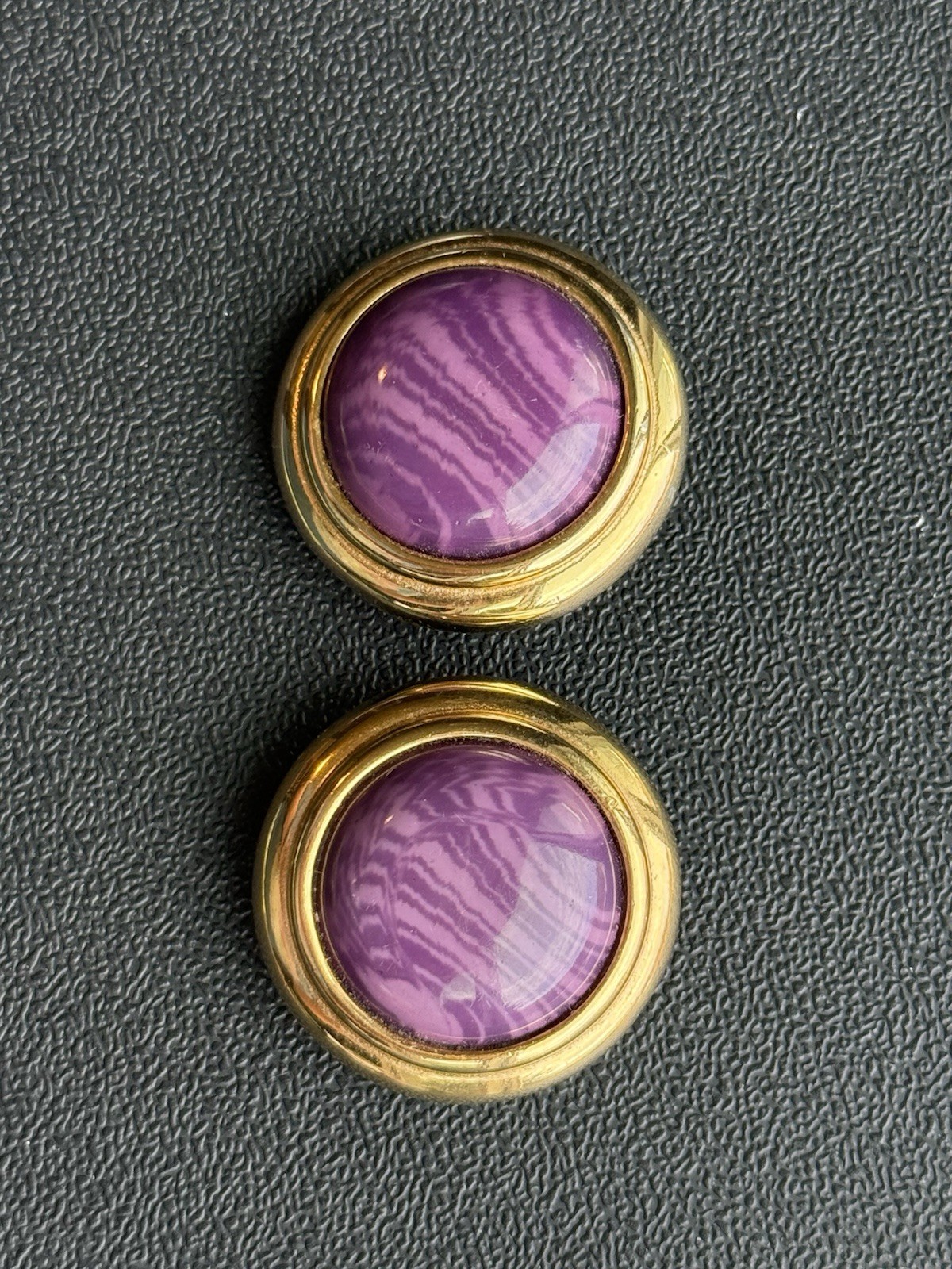 Vintage Designer Gay Boyer Earrings Purple Dome Gold Tone Large Clip On A