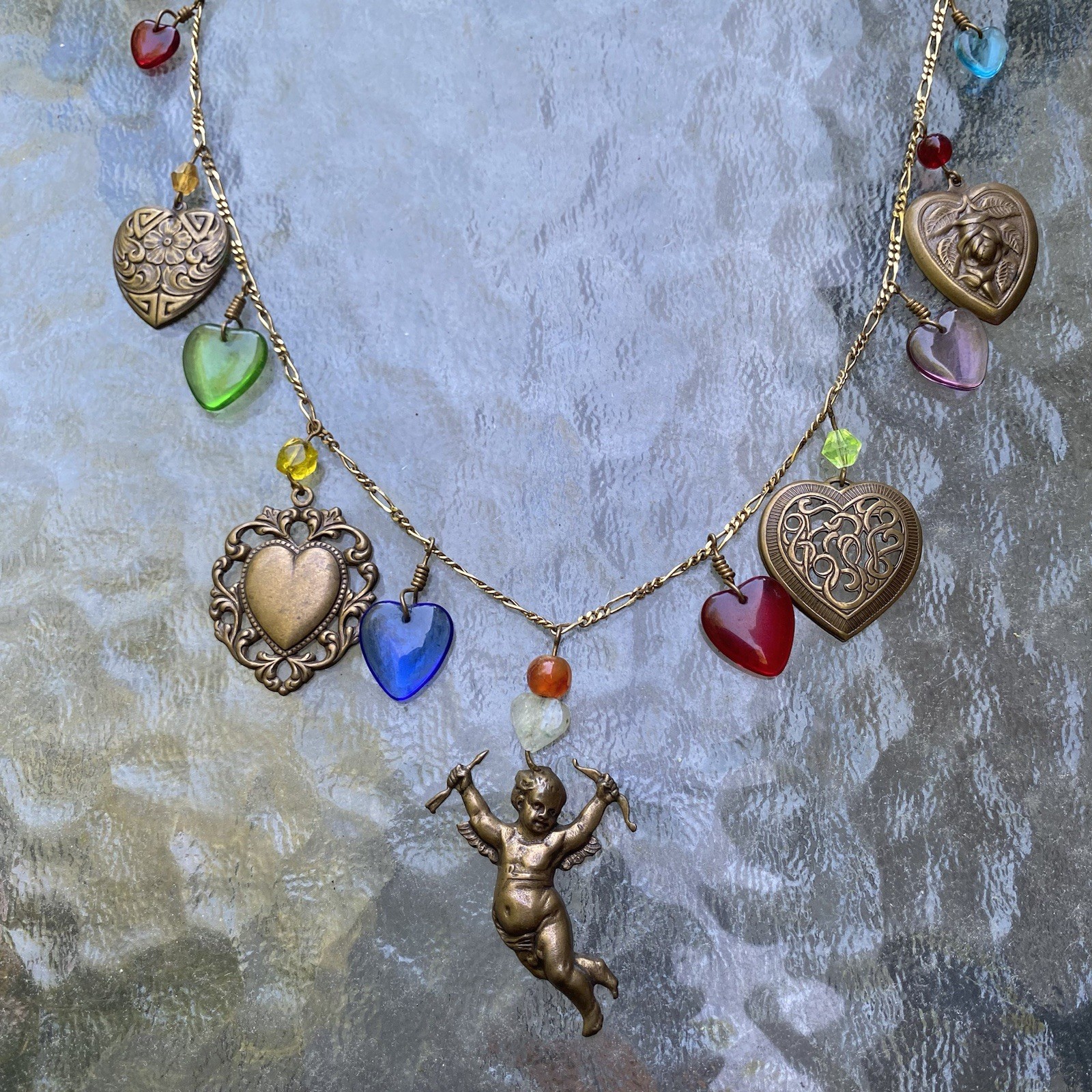 Vintage Glass Works Studio Charm Necklace GWS Cupid Heart Angel Costume Jewelry