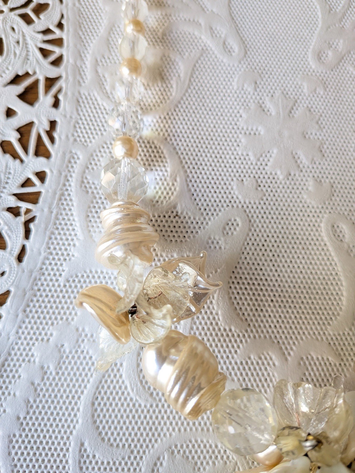 Vintage Venetian Necklace Clear, White, & Faux Pearl Flower Bead Art Glass 17″