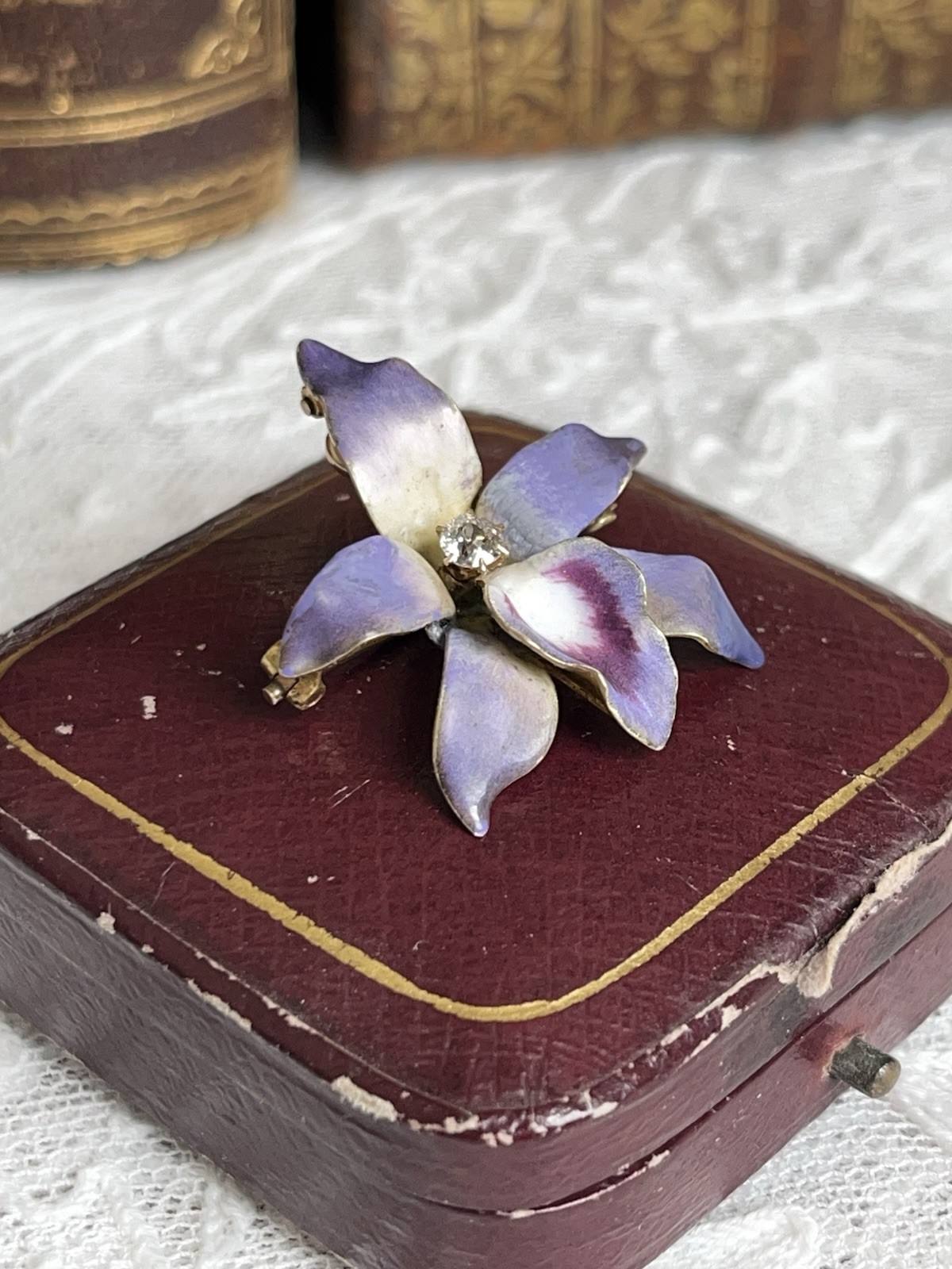 Antique Art Nouveau 14k Purple Enamel Diamond Orchid Brooch Pendant Original Box