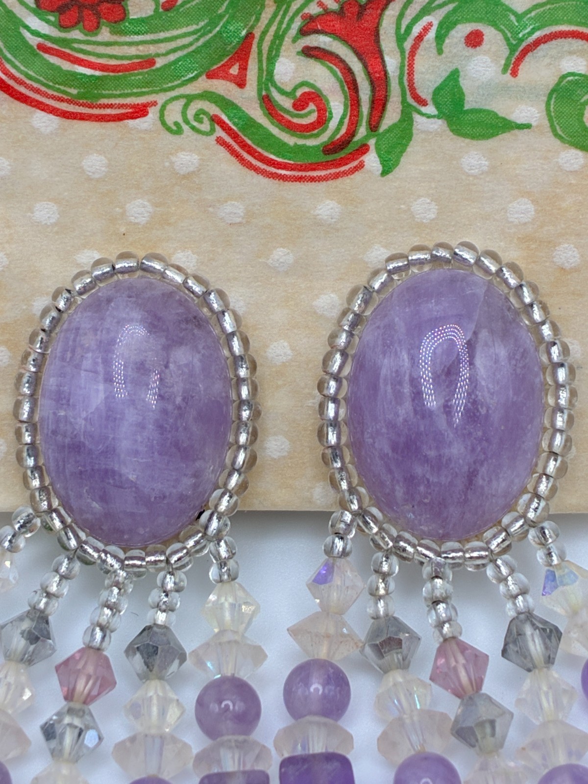 Elegant Classy Vintage Chipita Amethyst Stone Aurora Borealis Bead Clip Earrings