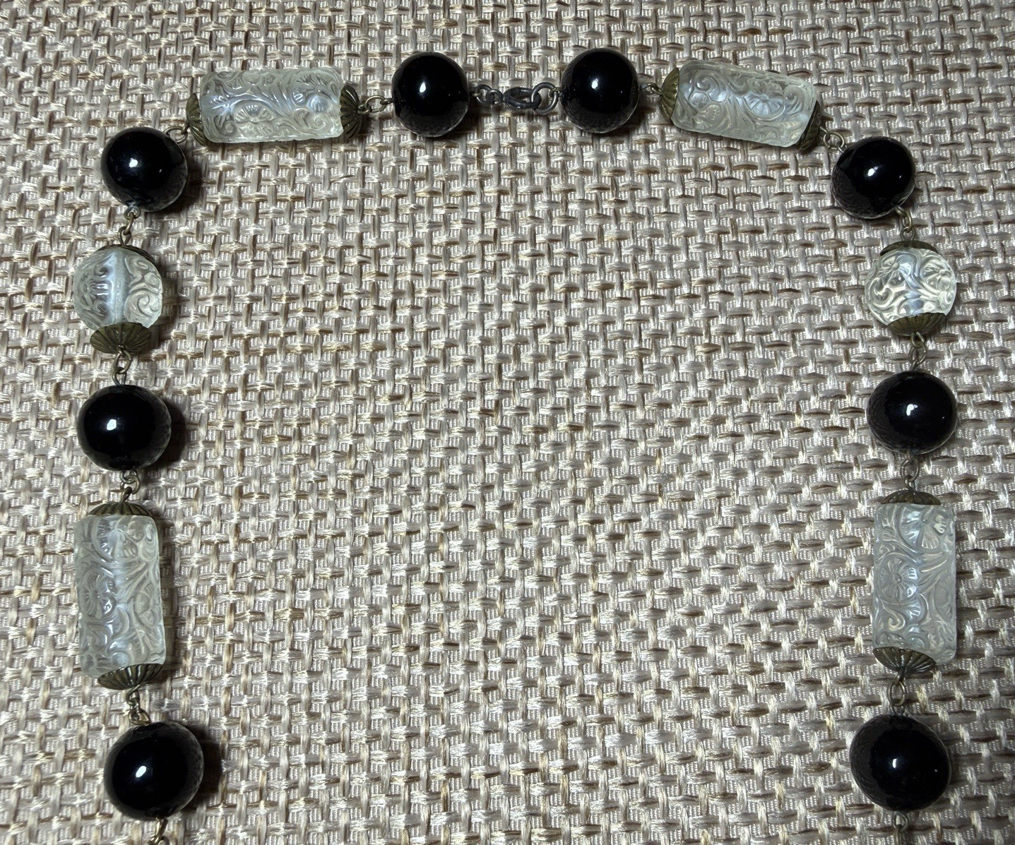 Vtg Molded Pressed Glass Bead Necklace Embossed Floral Art Deco Black Clear