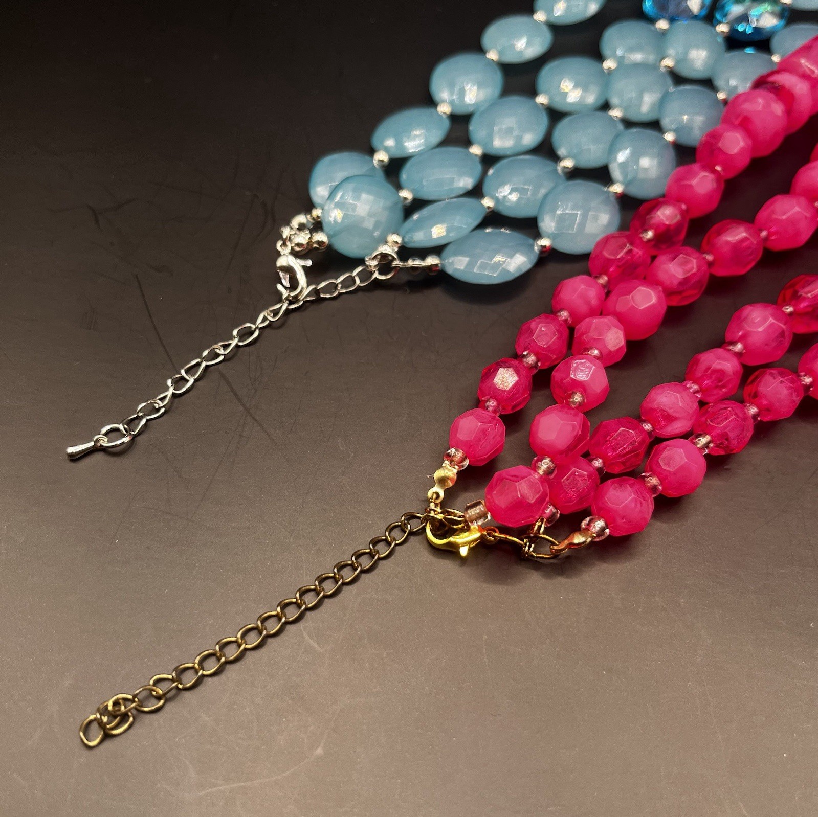 Set Of 2 Necklaces: Sky Blue & Hot Pink Beaded Faceted Chunky Statement Pieces