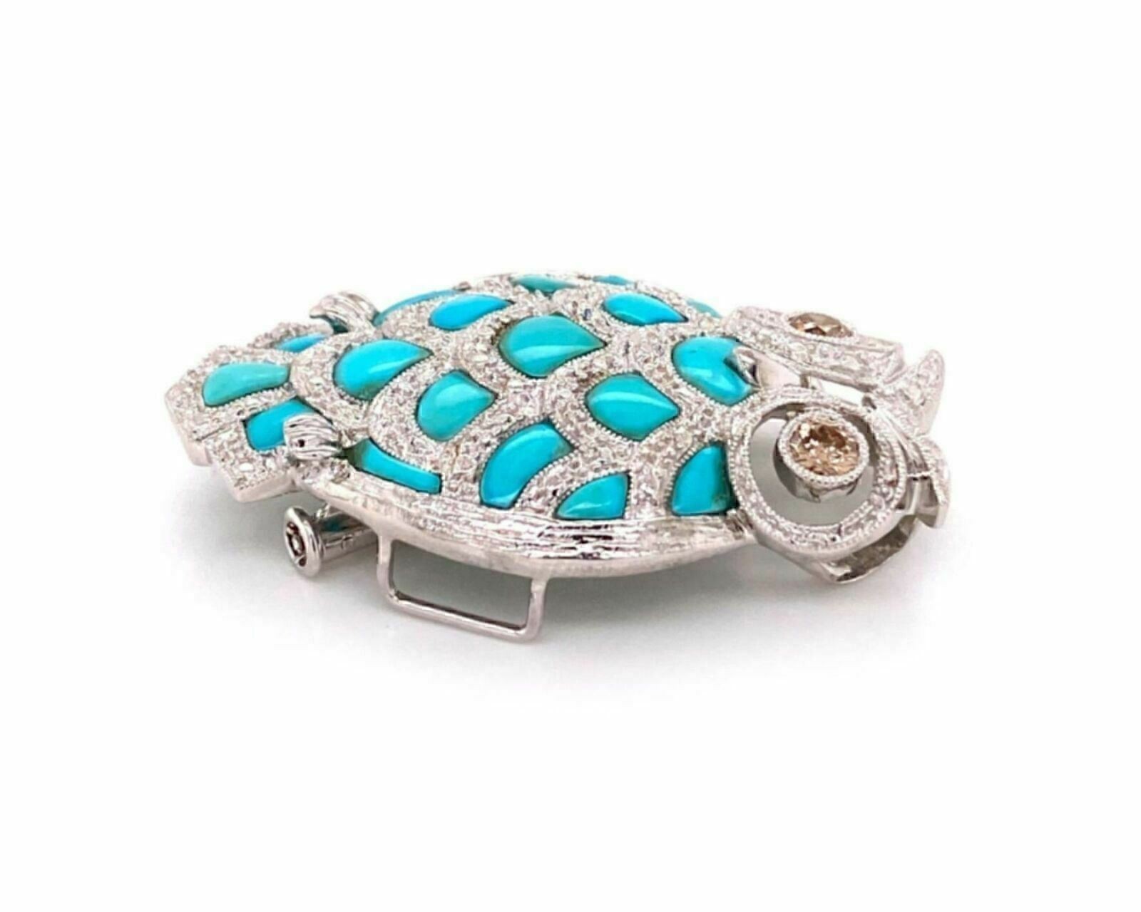 Champagne Diamond Turquoise Owl 18k White Gold Brooch Pendant