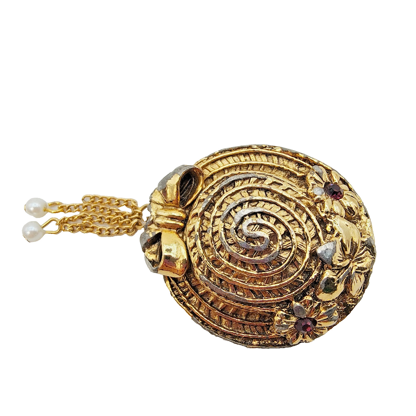 Vintage Sun Hat Brooch Gold Tone Rhinestone Faux Pearl Dangle Cottagecore READ