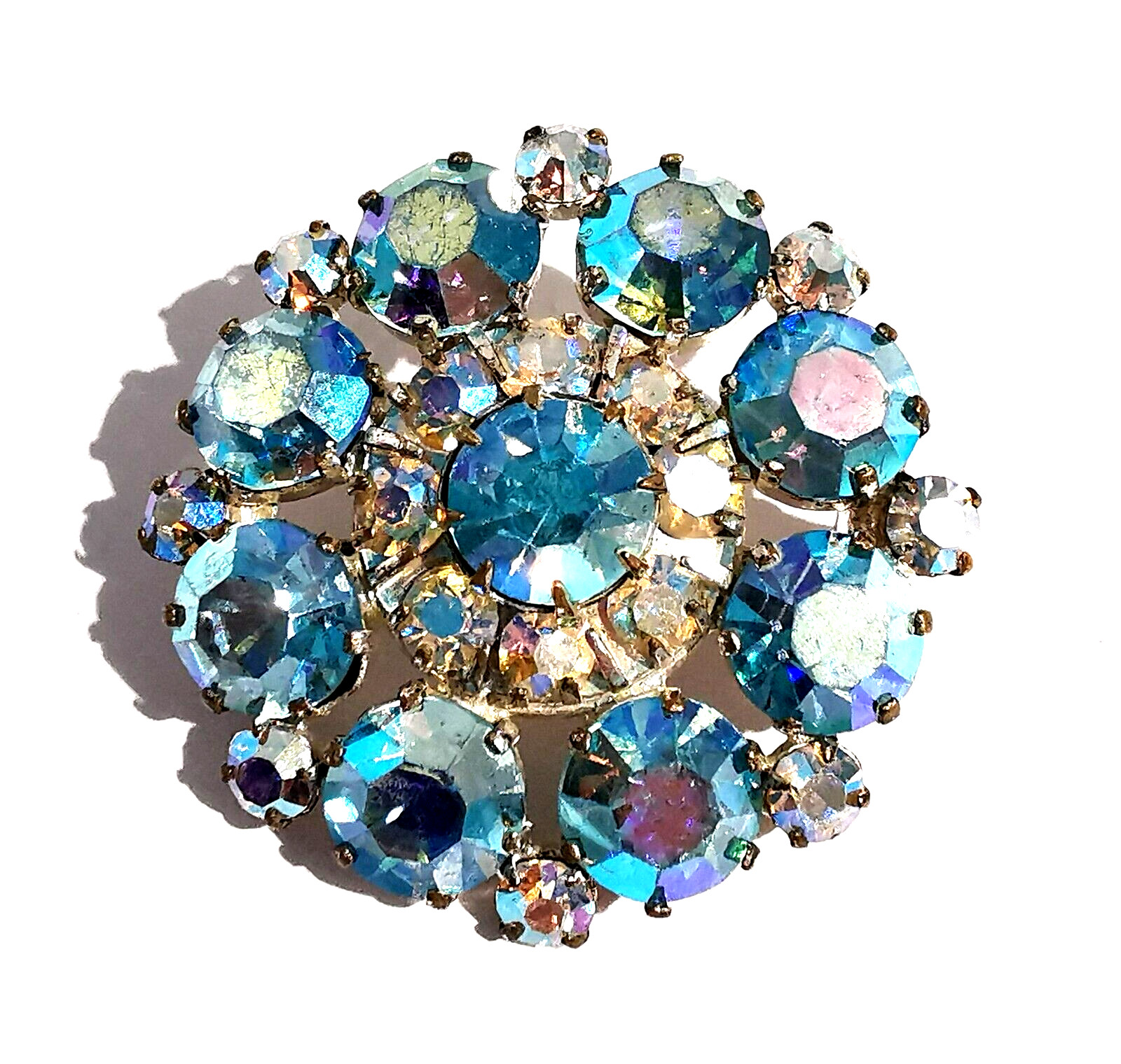 Vintage Czech Brooch Blue and Clear Colorless Dragon Breath Rhinestones Glass