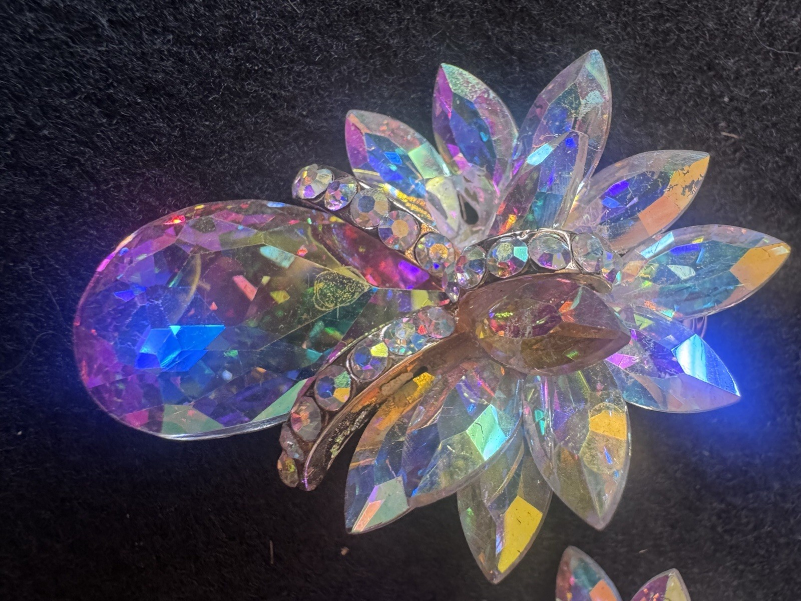 Vintage Aurora Borealis Rhinestone Earrings AB Crystal Floral Unbranded Clip On