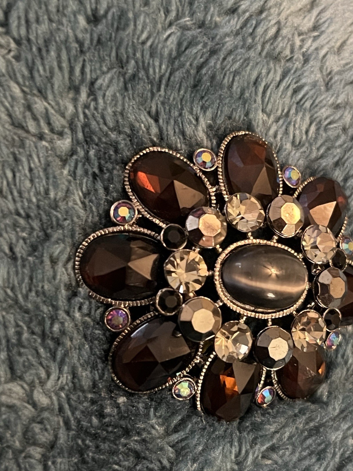 Jappaned Brooch Flower Faceted Brown, Black & Clear Rhinestones Tiger Eye Center