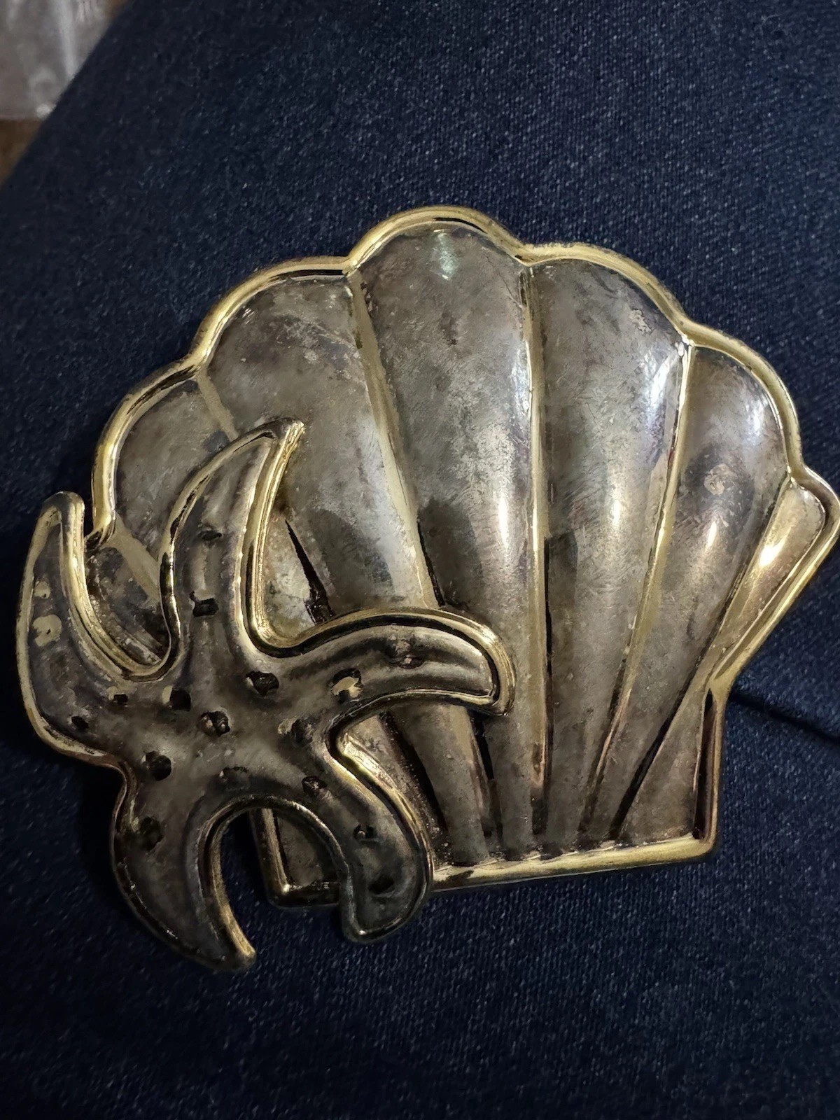 Mixed Metal Shell Brooch Collar Pin Pendant Starfish Large 3.25″ Vintage