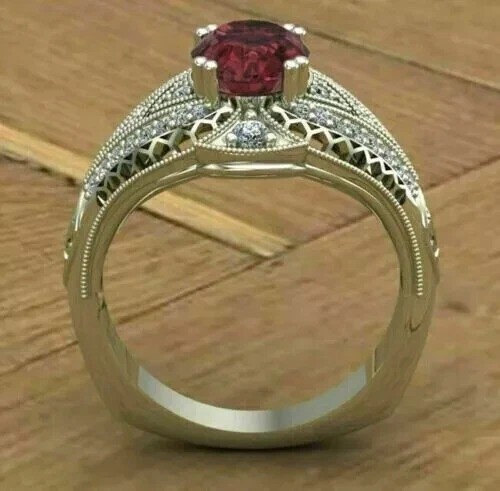 Art Deco Style 3.2Ct Oval Red Lab Created Ruby Engagement 14K White Gold FN Ring