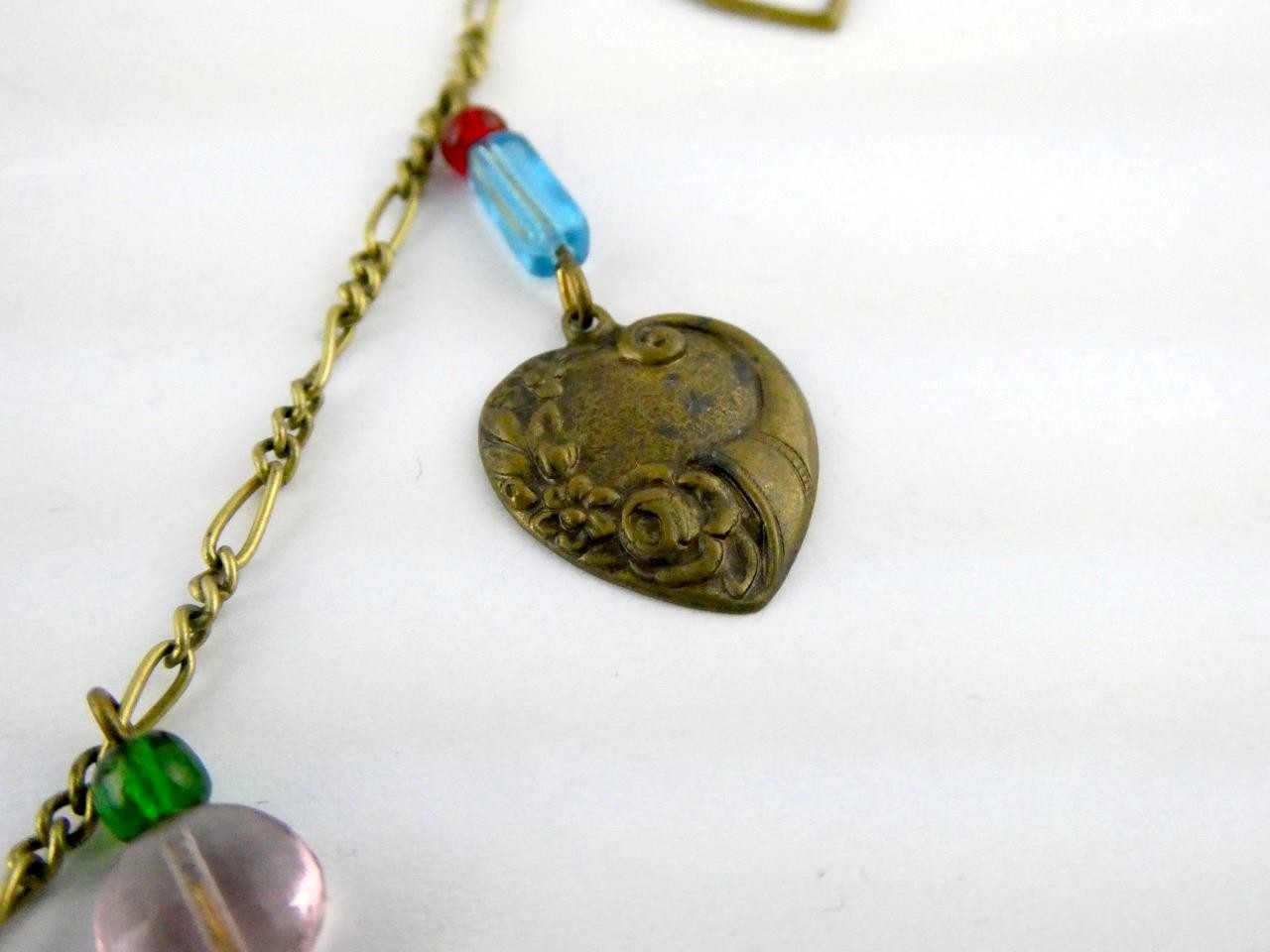 Vintage Glass Works Studio Glass and Brass Charms Multi Color Necklace 20g 26 In