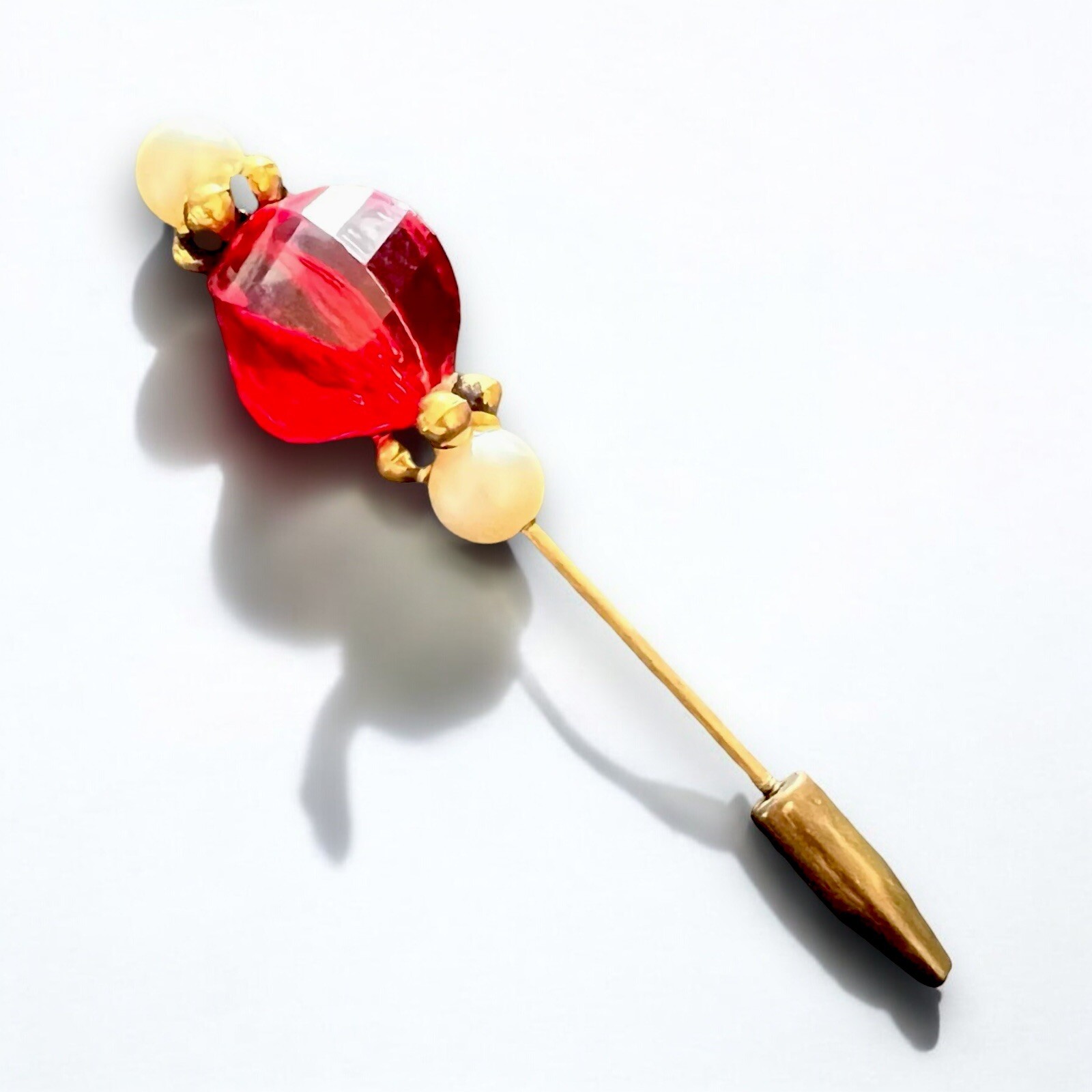 Red Lucite Hat Pin Gold Tone Pearl Art Deco Hat Accessory Vintage Screw Base
