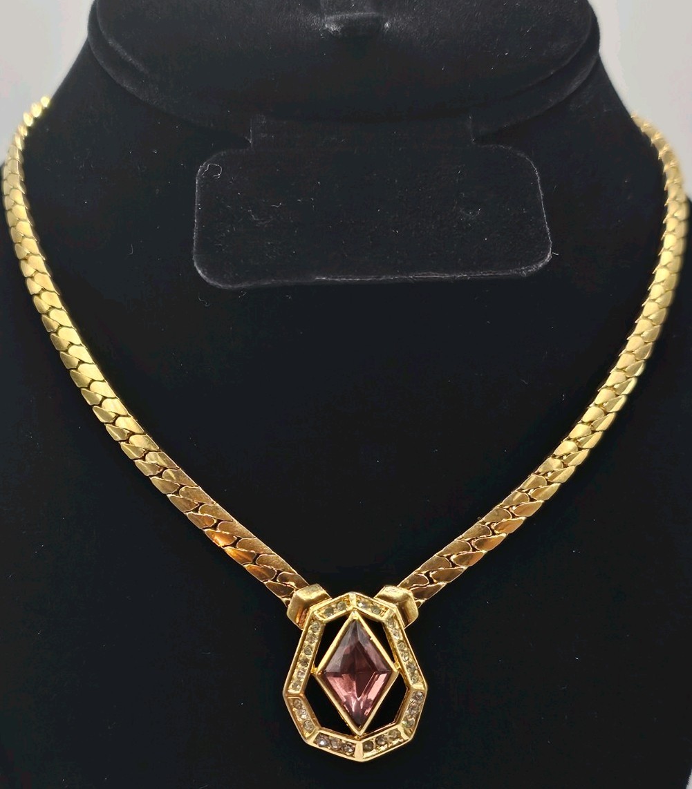 Vintage Christian Dior Gold Tone Necklace w/Purple Lozenge Cut Stone