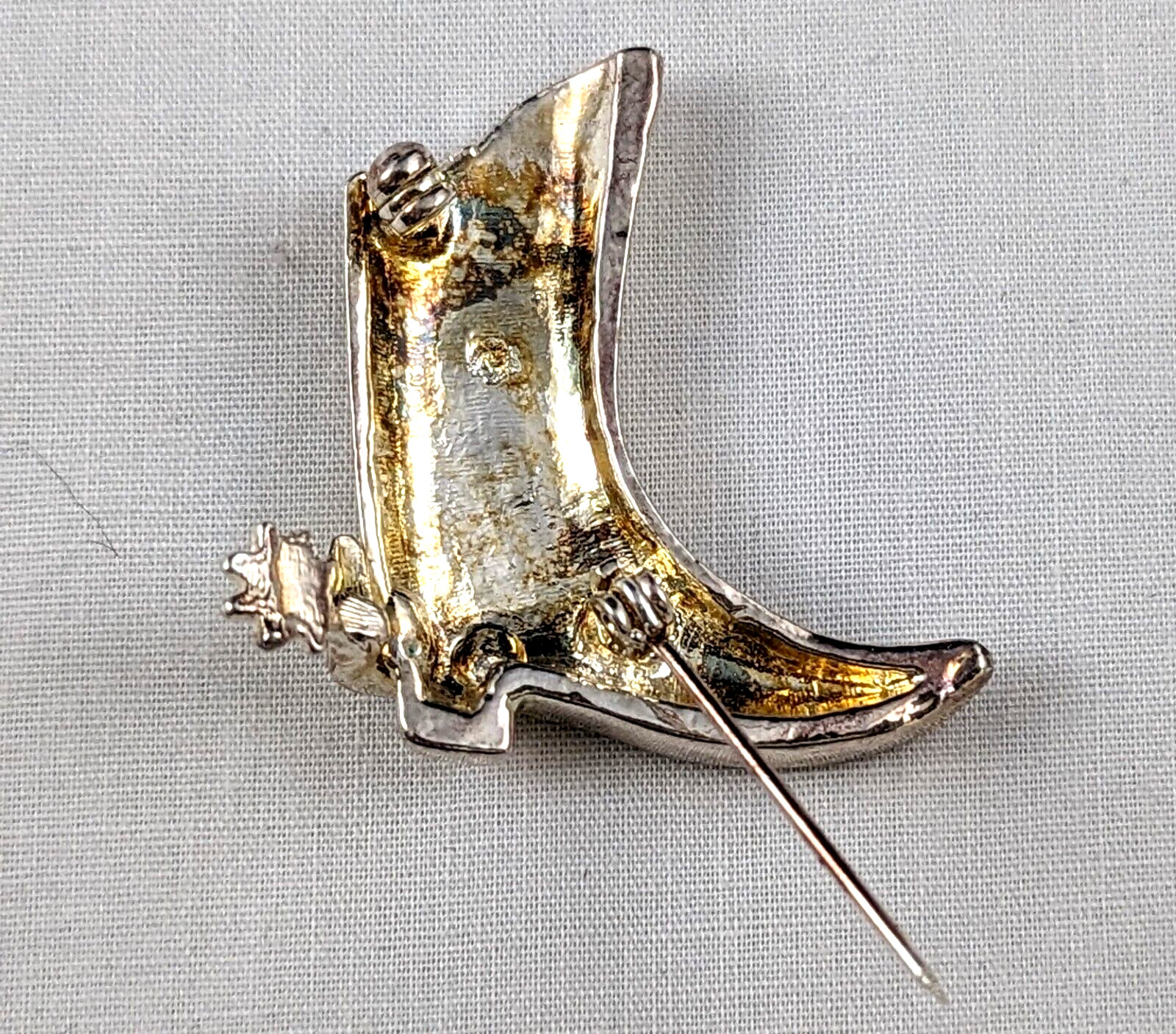 VTG Brooch Pin Cowboy Boot with Spur Crystals Silver Tone Western Rodeo