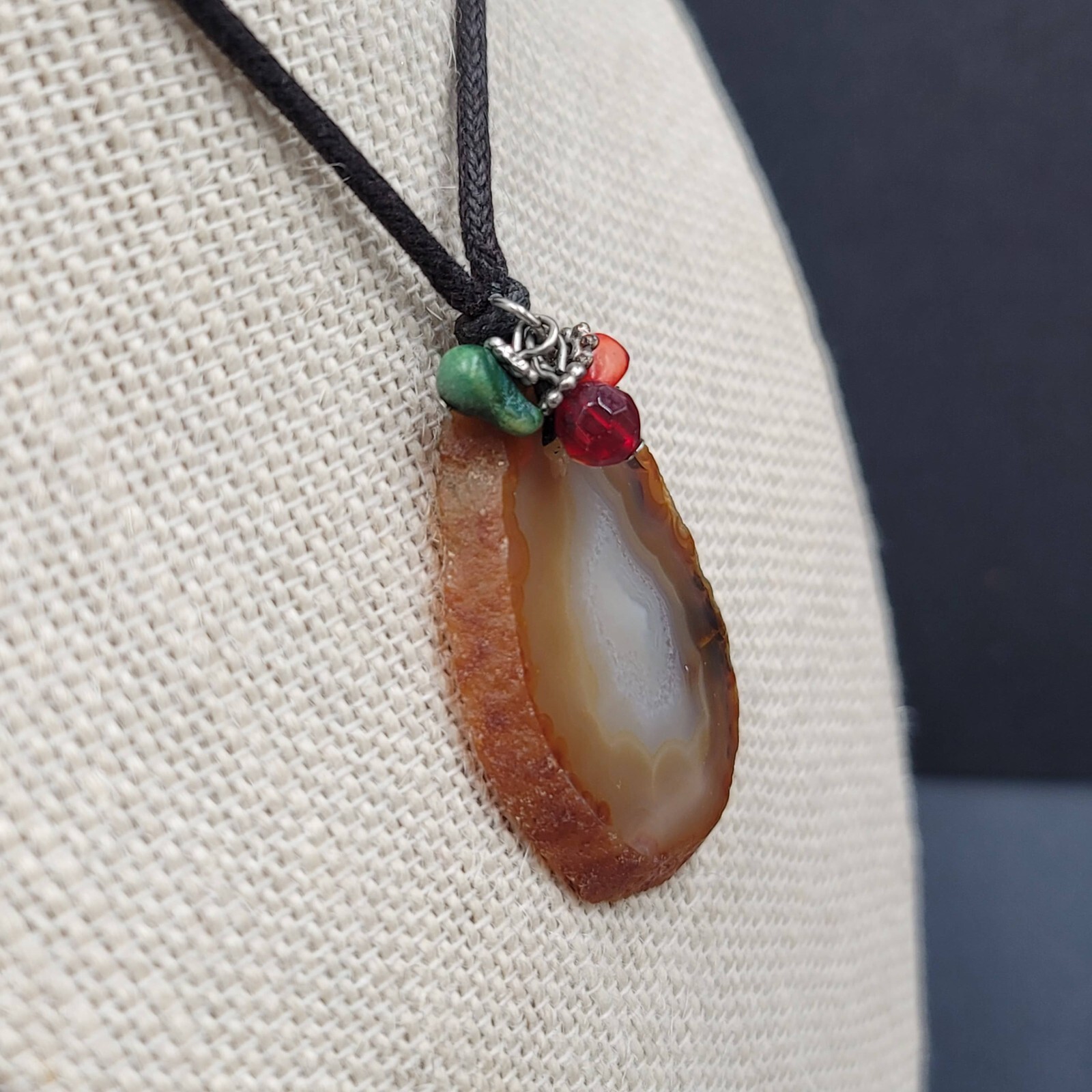 Banded Agate Geode Slice Pendant Necklace Beads Black Cord 15″-18″