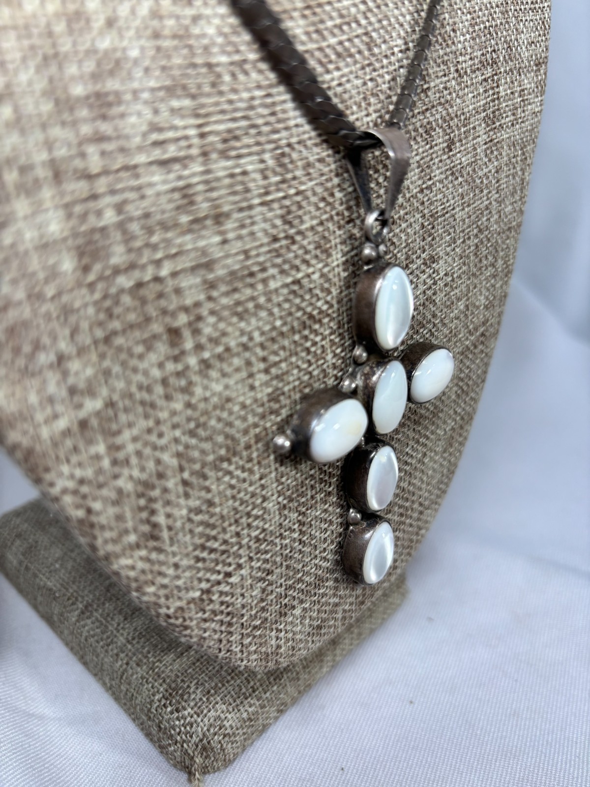 Vtg ATI Mexico Sterling Silver 925 MOP Cross Pendant, Snake Style Necklace 34 gr
