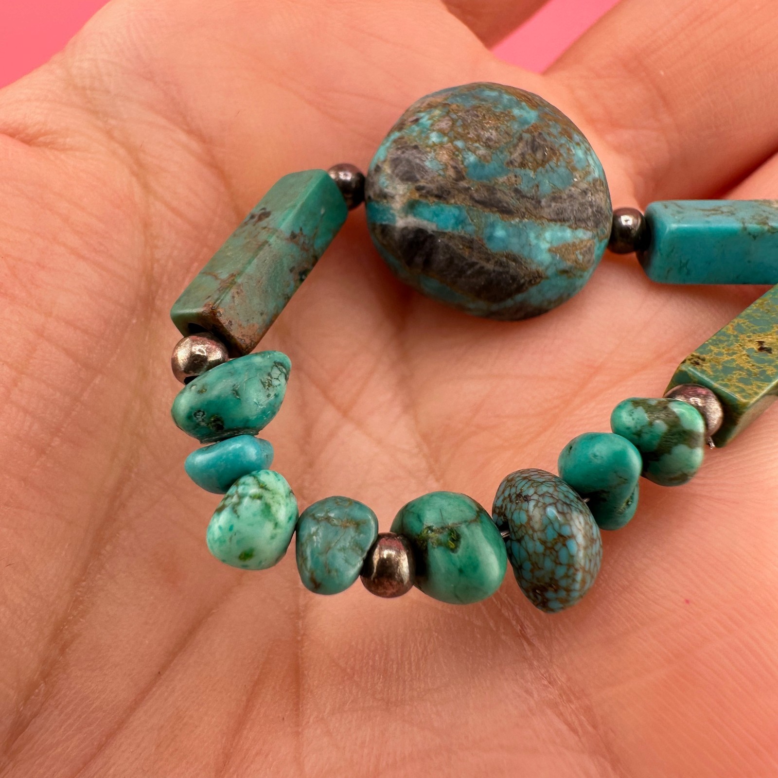 Vintage Turquoise Bead Sterling Silver Bracelet Blue Green South Western 6.25″