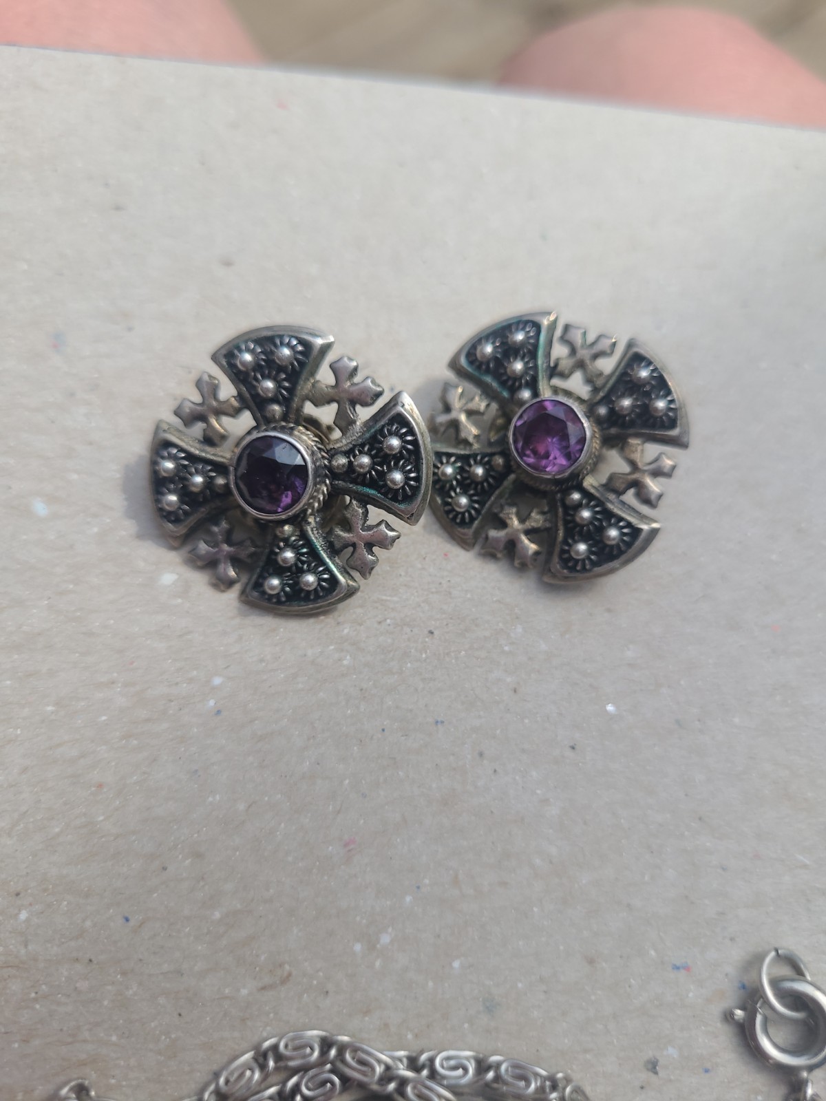 Sterling Silver 950 Jerusalem Maltese Cross Pendant Amethyst W/Earrings