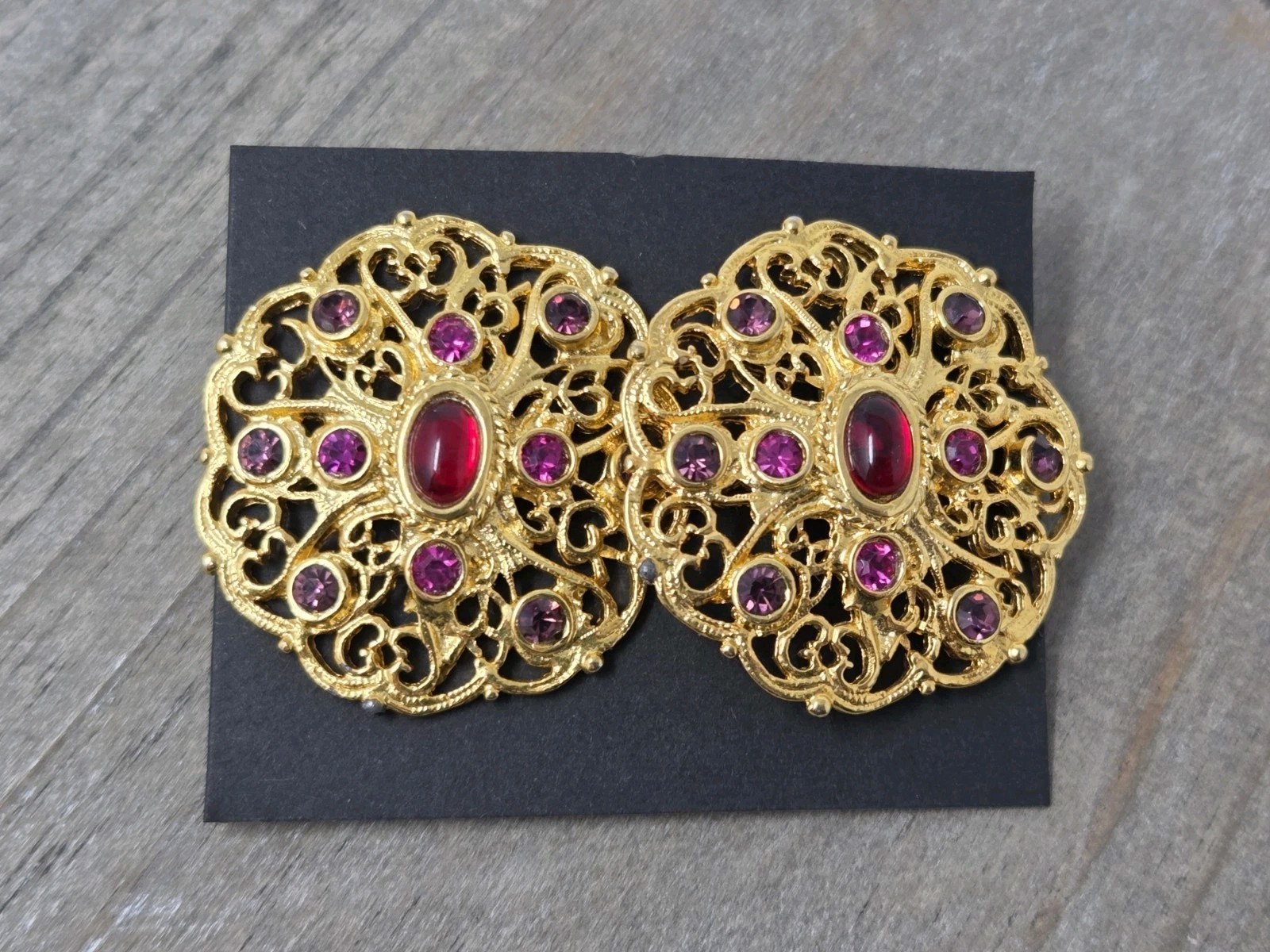 Gold Tone Filigree Earrings w/ Red Cabochons & Purple Pink Rhinestones Vintage