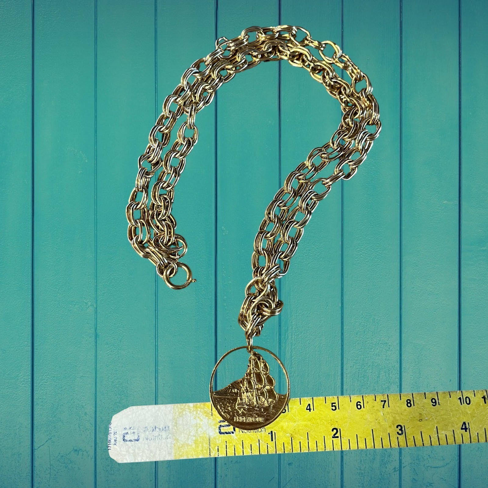 Vintage 1967 HMS Endeavour Cut Out Coin Pendant Gold Tone 28 Inch Double Chain