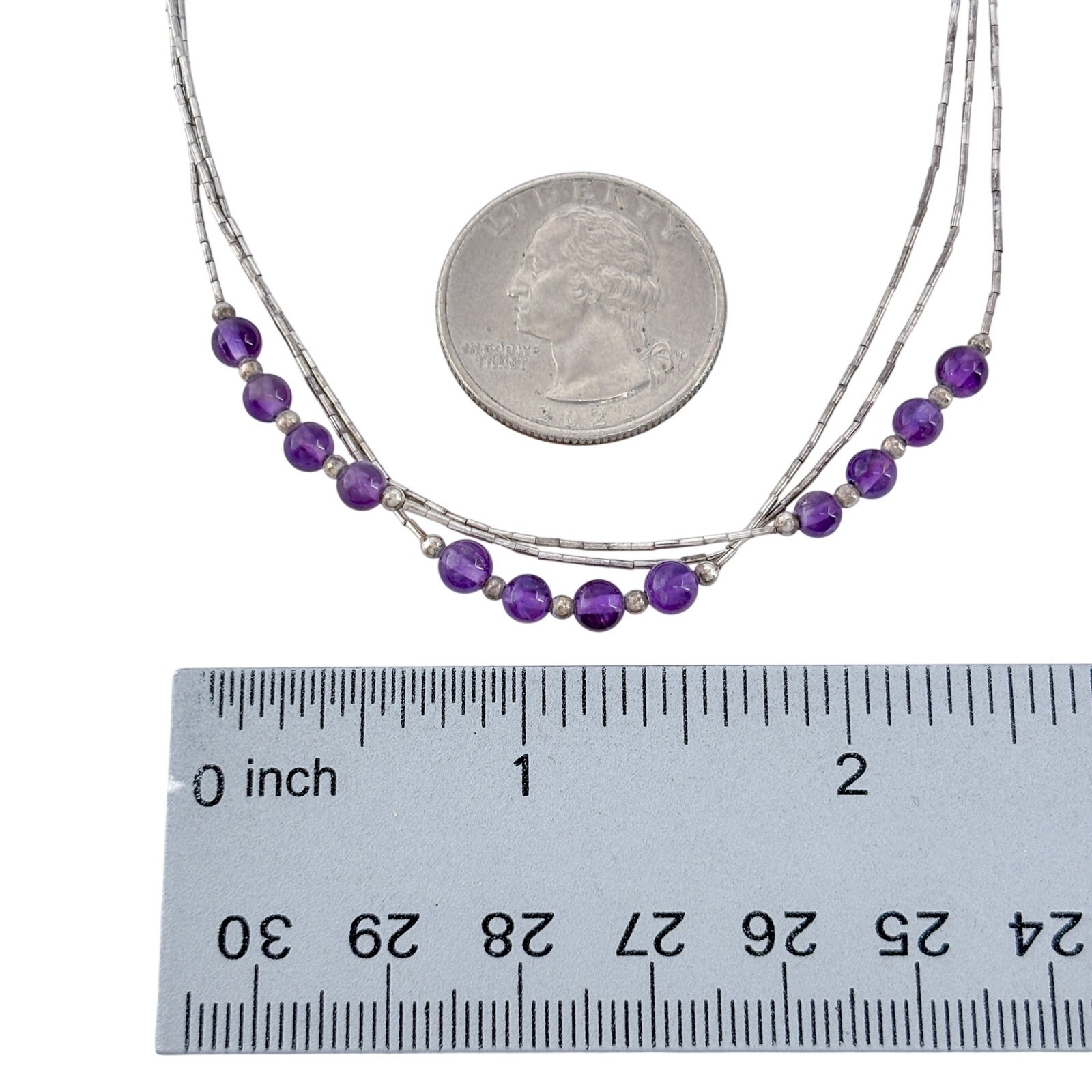 Vintage Sterling Silver 925 Liquid Silver Amethyst Bead Necklace 18″