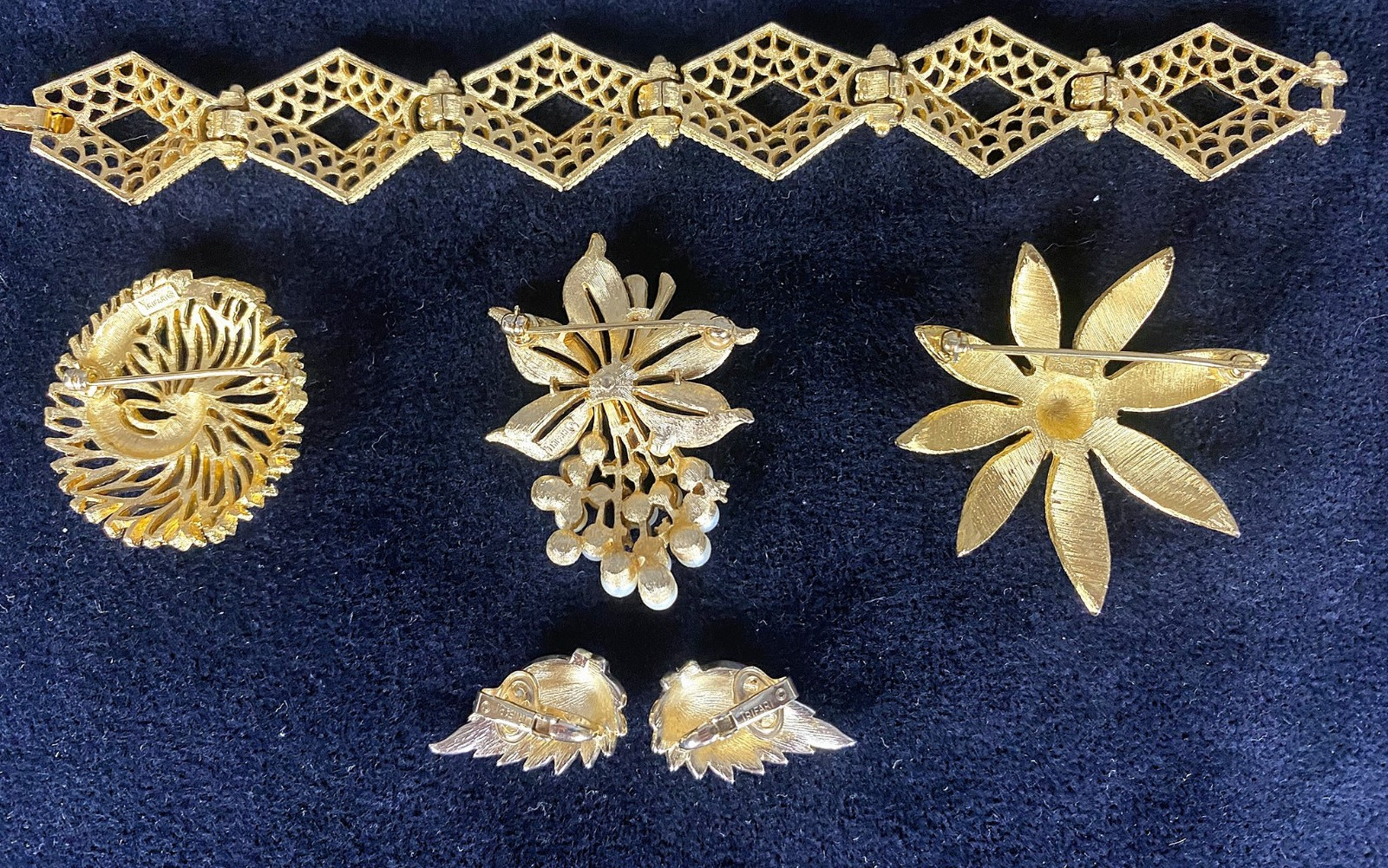Vintage Signed Crown Trifari Jewelry, Bracelet, 3 Broochs, 4 Pair Clip Earrings