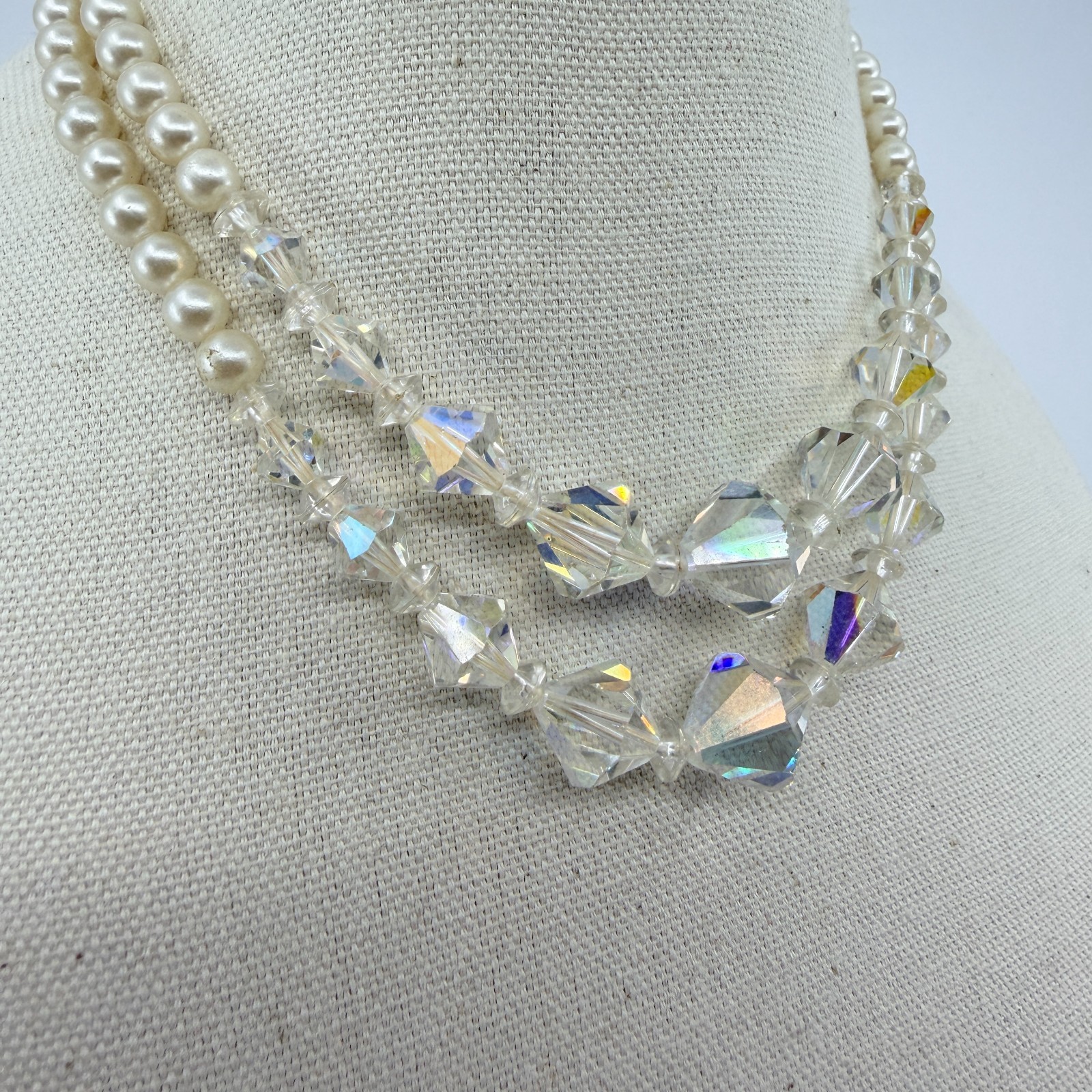 Vintage Aurora Borealis AB Glass Crystal Faux Pearl Layered Strand Choker Retro