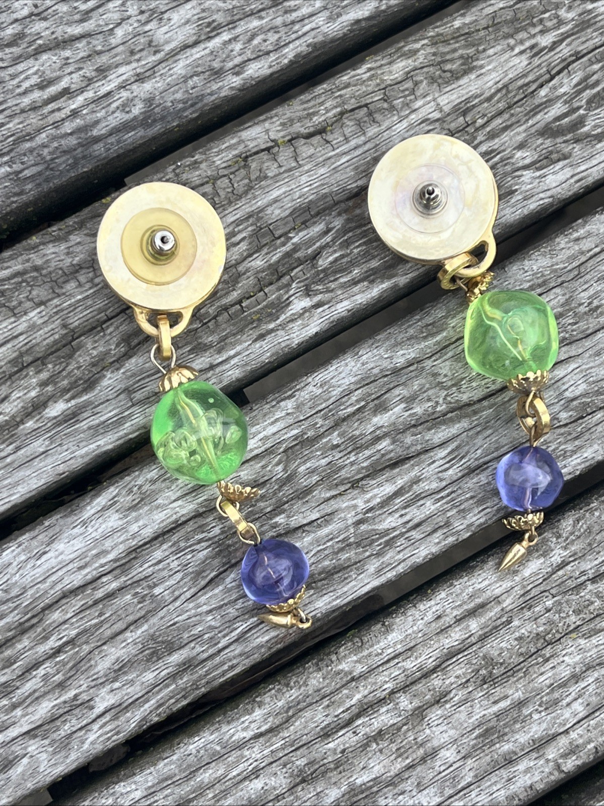 Vintage 1980s Artisan Drop Post Earrings Multi Colored Metal Work Gold Tone