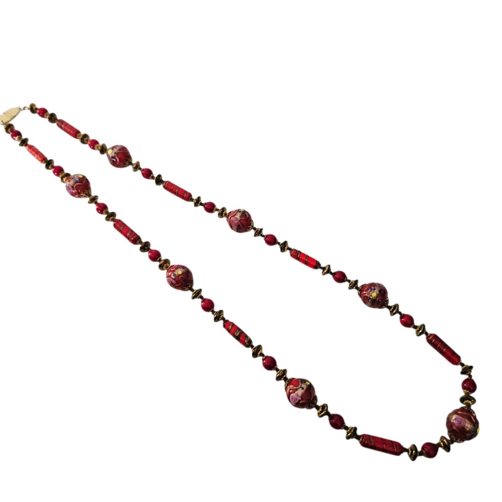 Venetian Murano Red Copper Wedding Cake Bead Necklace Hand Knot Vintage 30”