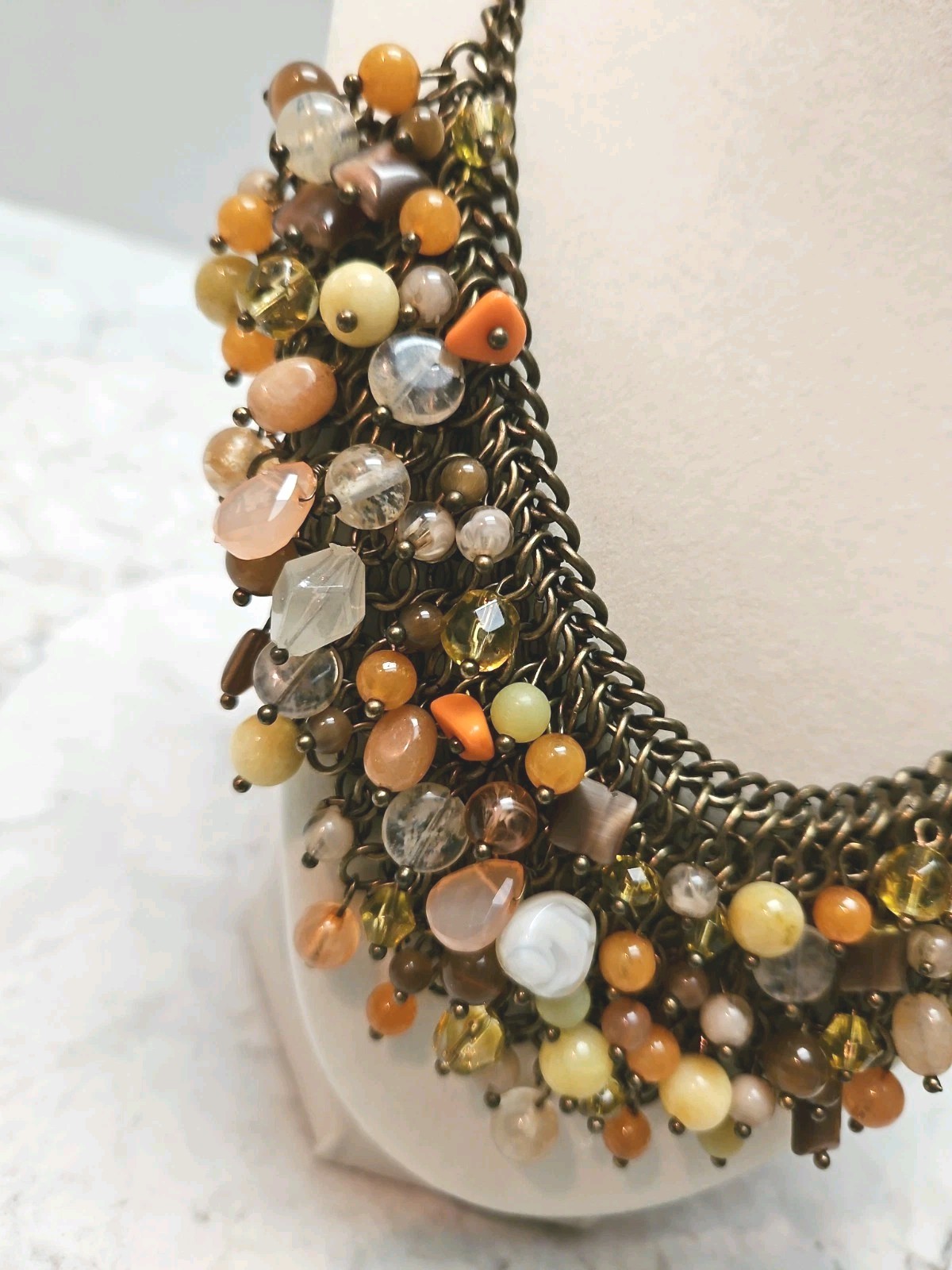 Vintage Coldwater Creek Cha Cha Bib Necklace Boho Beads Copper Tone Mesh Chain