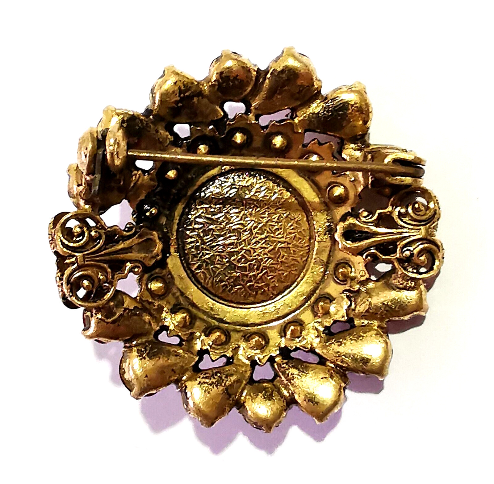 Vintage Czech Red Glass Brooch Pin Gilded Brass Faux Pearls Central Art Glass