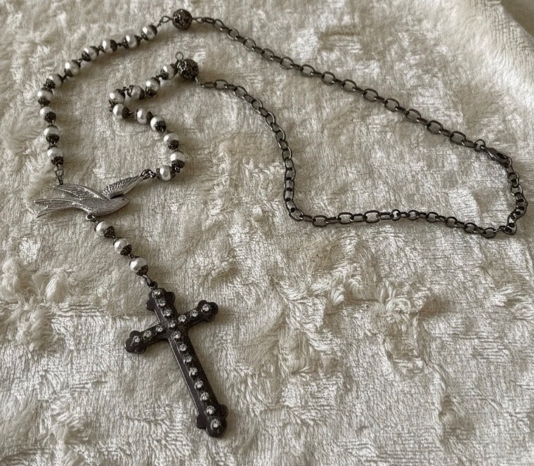 Vintage Faux Pearl Cross Pendant Necklace, Rosary Style, Gothic Victorian