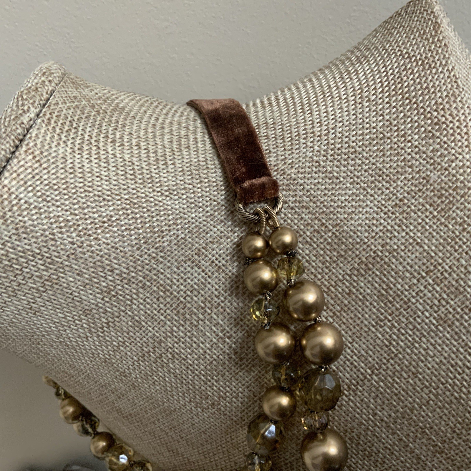 Modern MONET brown green faux pearl double strand velvet ribbons necklace