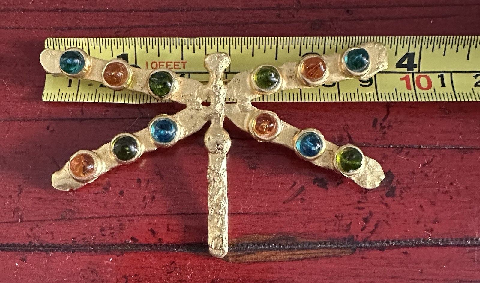Deanna Hamro Gold Brooch Dragonfly 1980’s Poured Glass Gripoix Cabochon Pin