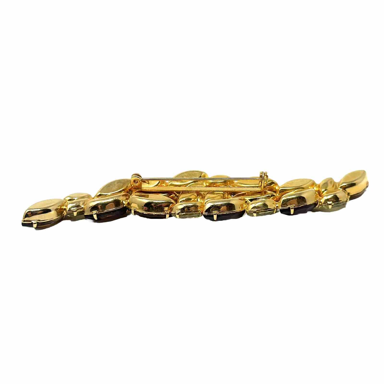 Vintage Juliana Brown Yellow Crystal Rhinestone Gold Tone Navette Brooch Pin