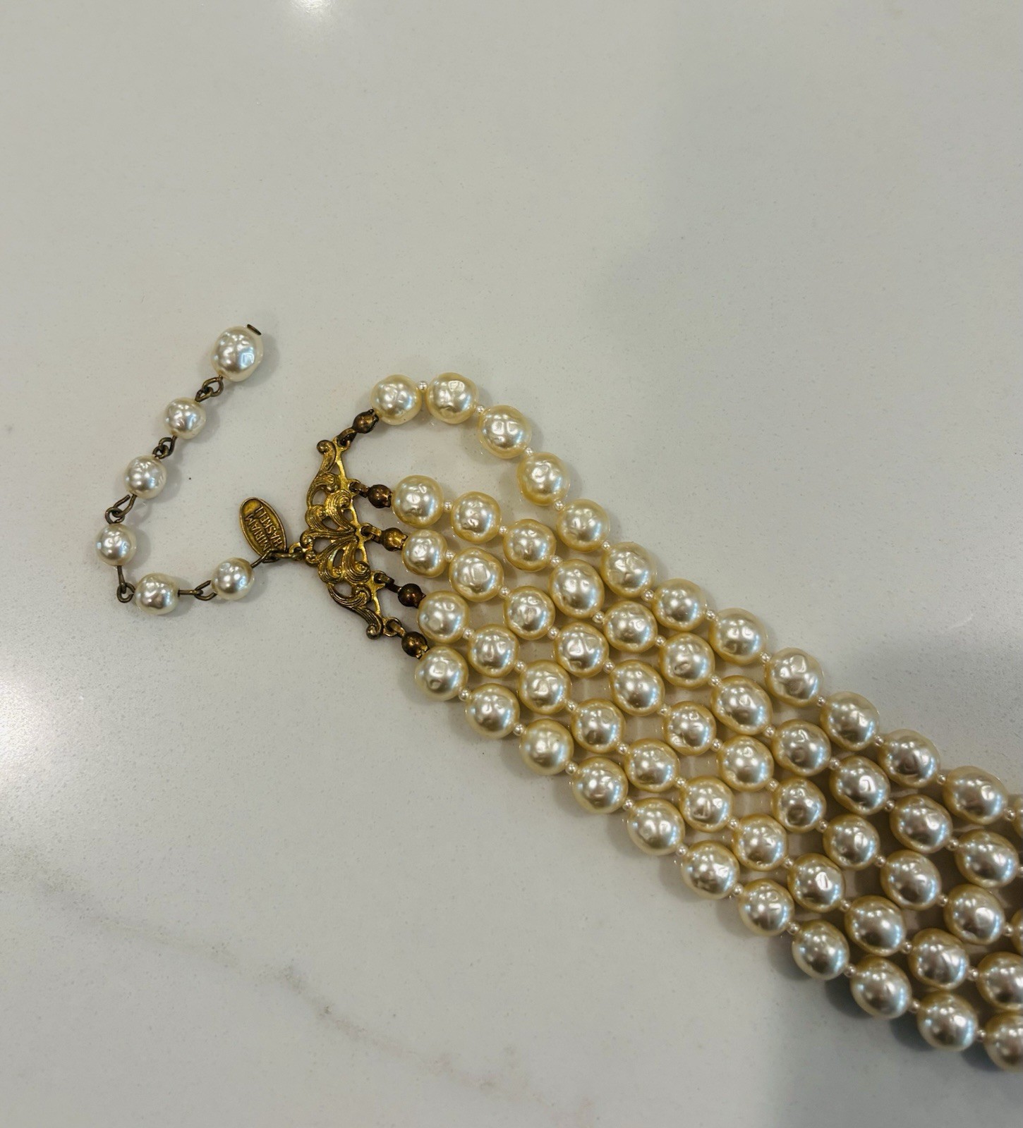 VTG SIGNED Miriam Haskell BAROQUE PEARL NECKLACE VINTAGE CHOKER 5 STRAND