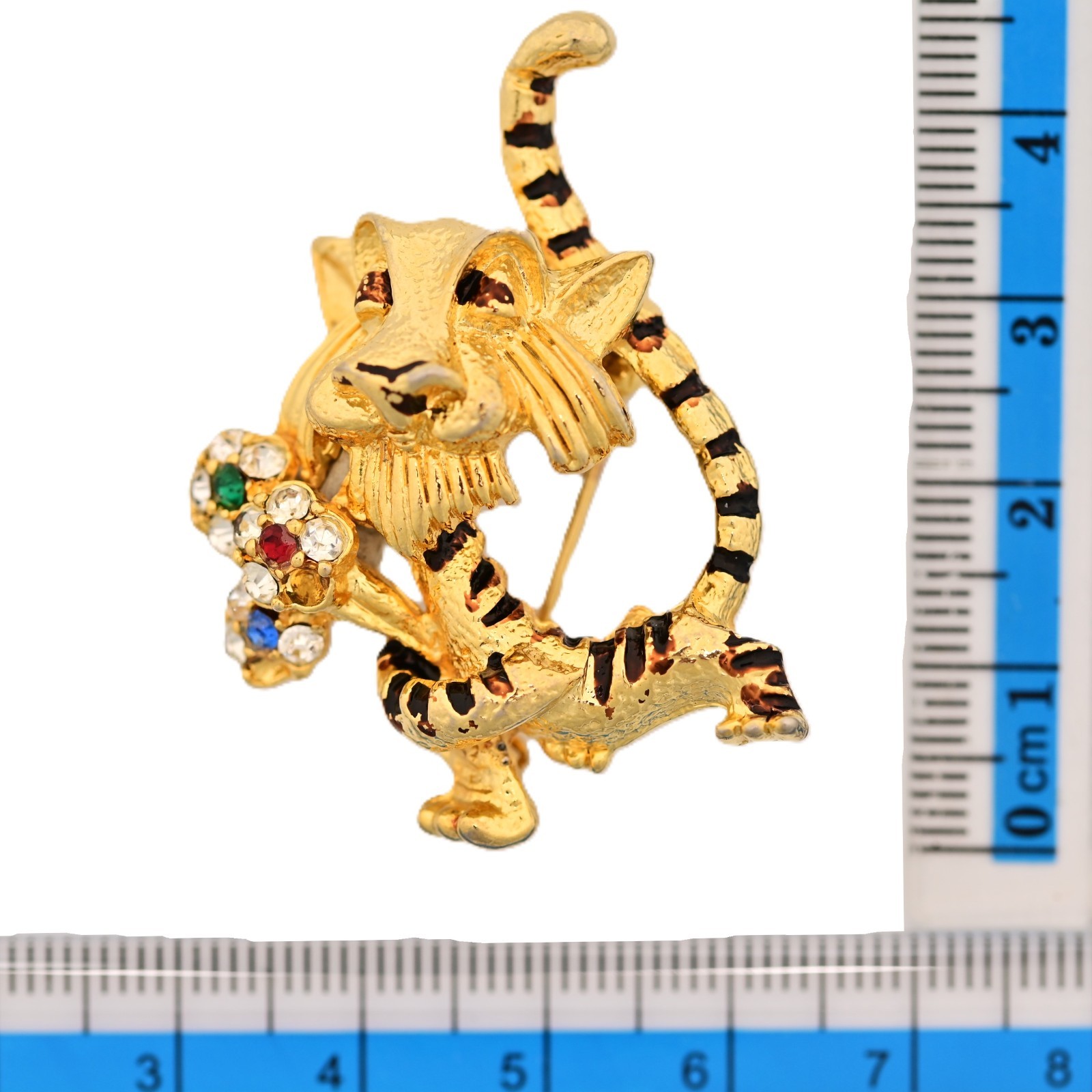 J MAZER Original Vintage Multi Rhinestone Enamel Estate Flower Tiger Brooch Pin
