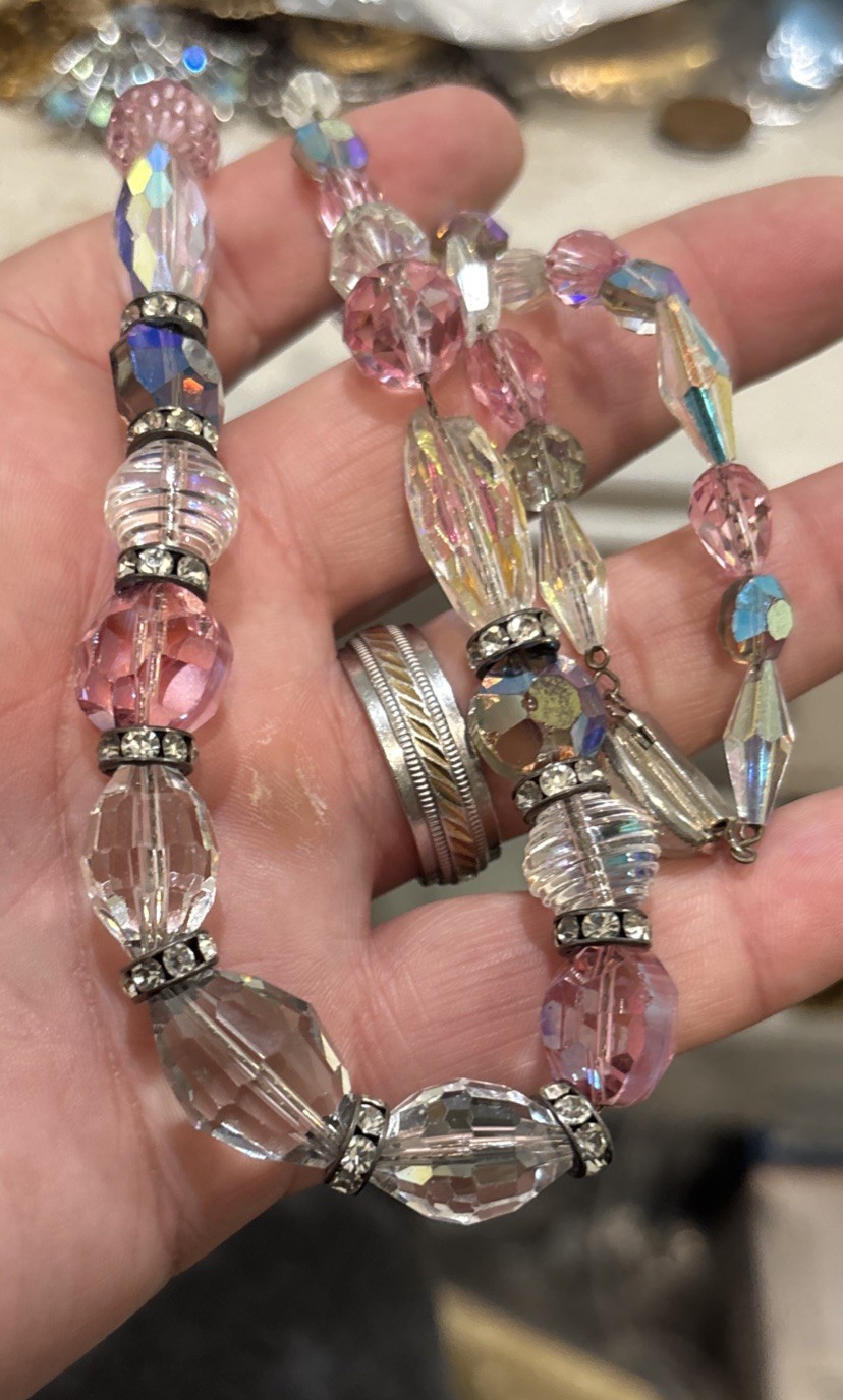 Vintage Stunning Pink Clear Ab Crystal Bead Rhinestone Necklace 21”