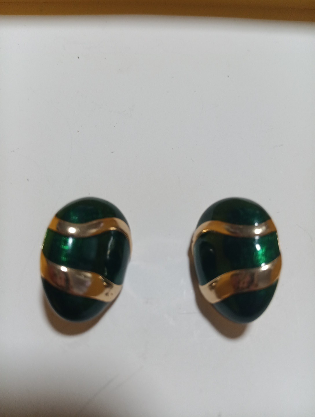Vintage Dome Shaped Clip On Earrings Green Enamel Finish with Gold Tone Accents