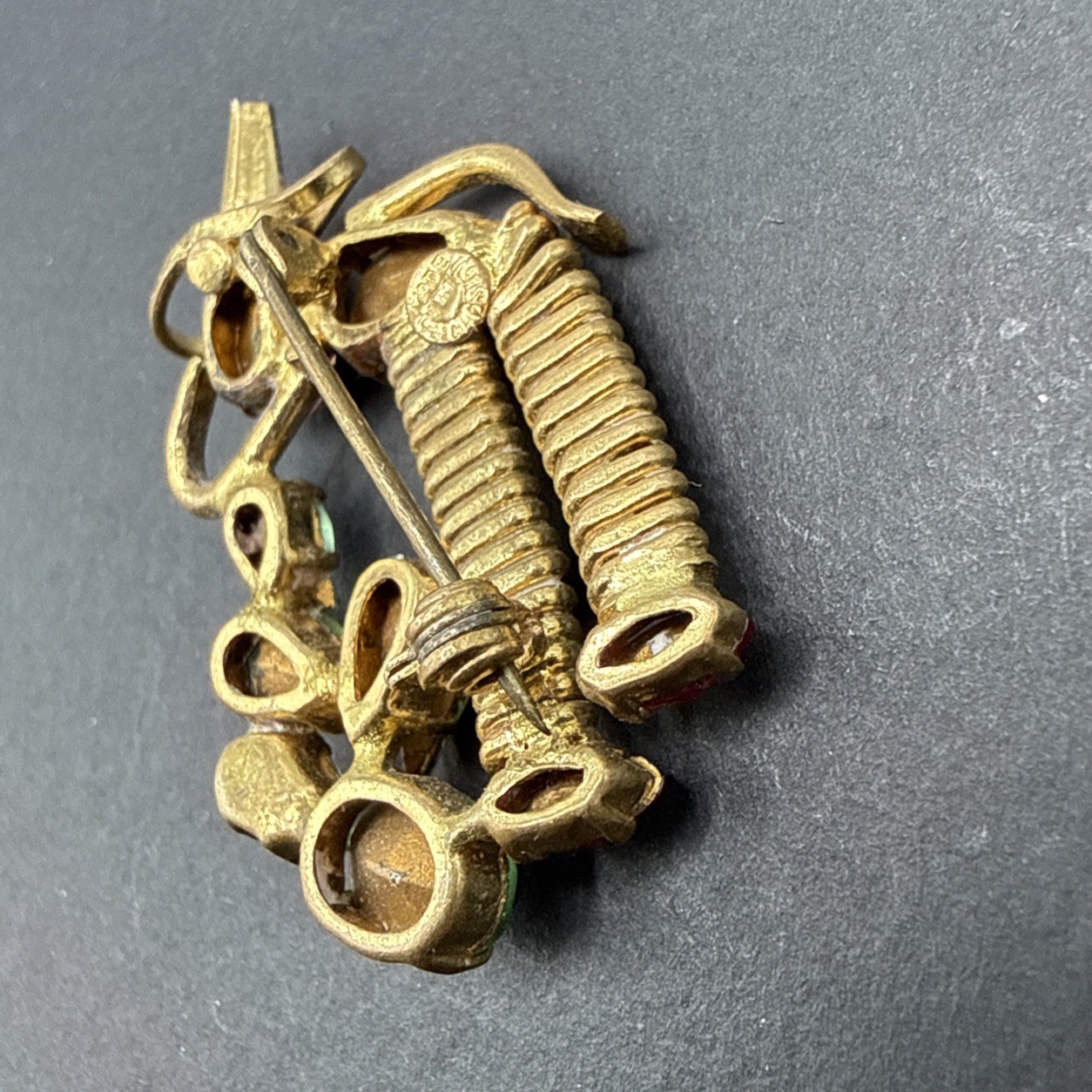 Made In Czechoslovakia Vintage Person Plant Rhinestone Gold Tone Brooch Pin B44a