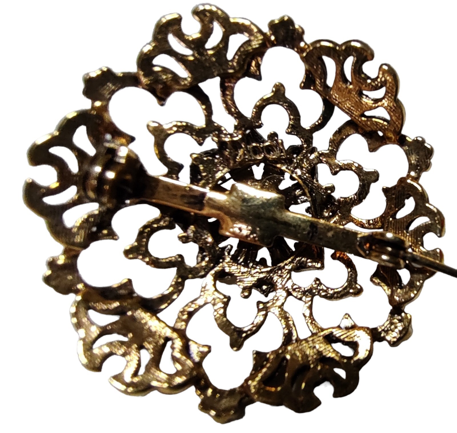Tacoa Brooch Pin Faux Pearl Floral Filigree Gold Tone Raised Relief Vintage