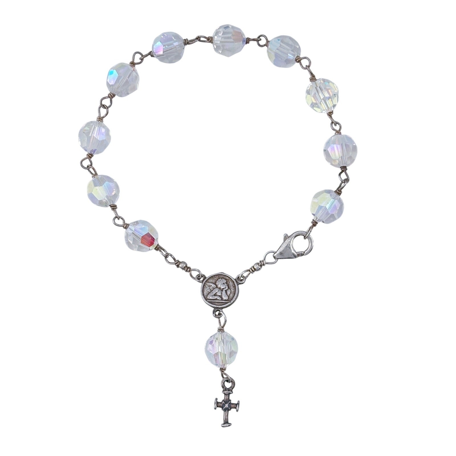 Vintage Sterling Silver 925 Aurora Borealis AB Rosary Bracelet 7.25″