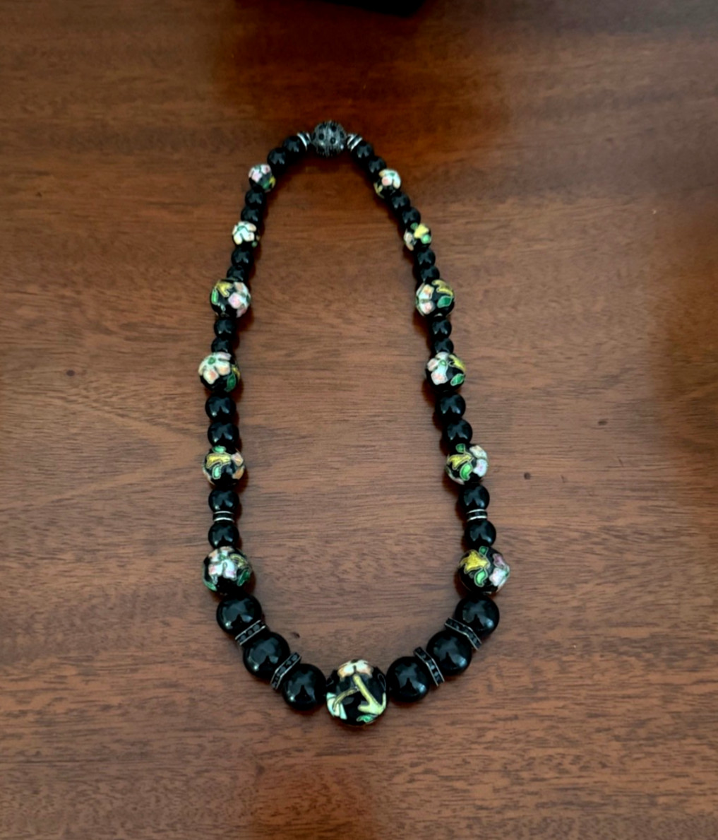 Vintage Black Glass Beads & Cloisonne Necklace Black Rhinestone Spacers 18 3/4″