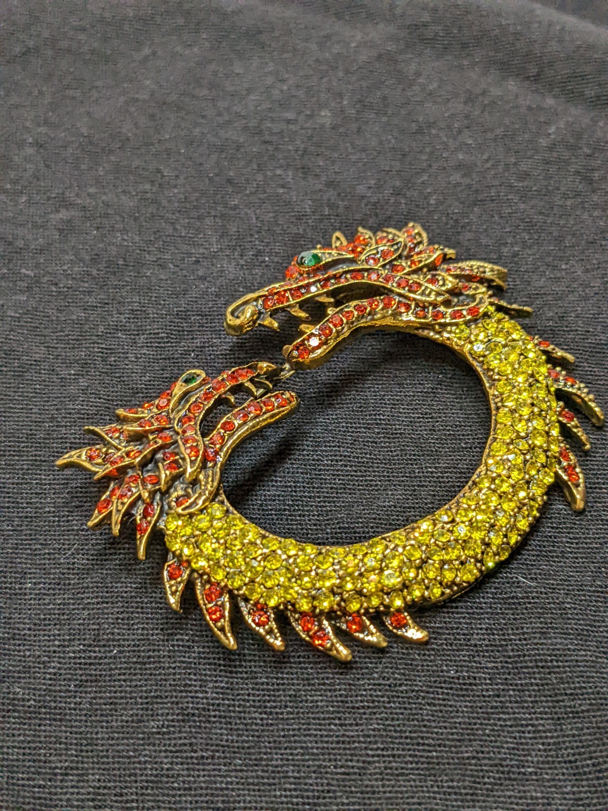 Vtg Dragon Brooch Gold Tone Green Red Rhinestone Chinese Fantasy Statement Pin