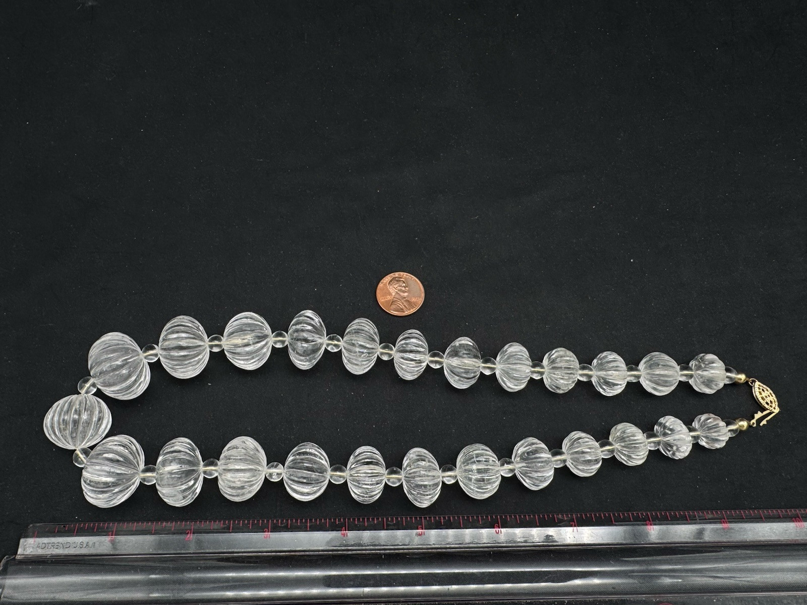 Vintage Hand Carved Rock Crystal MELON BEAD Necklace, 169 grams, 20″