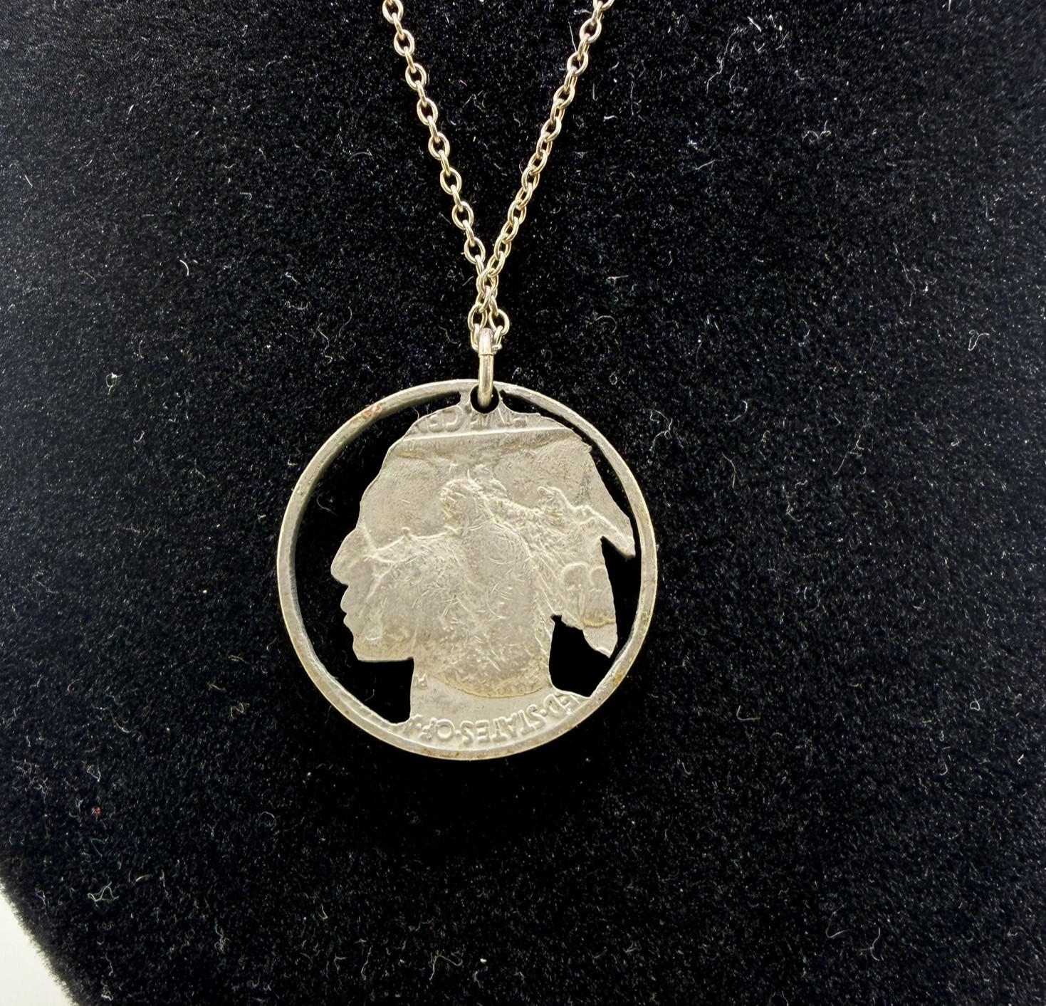 1936 Buffalo Nickel Cut Out Pendant Sterling Silver Necklace 18” Vintage