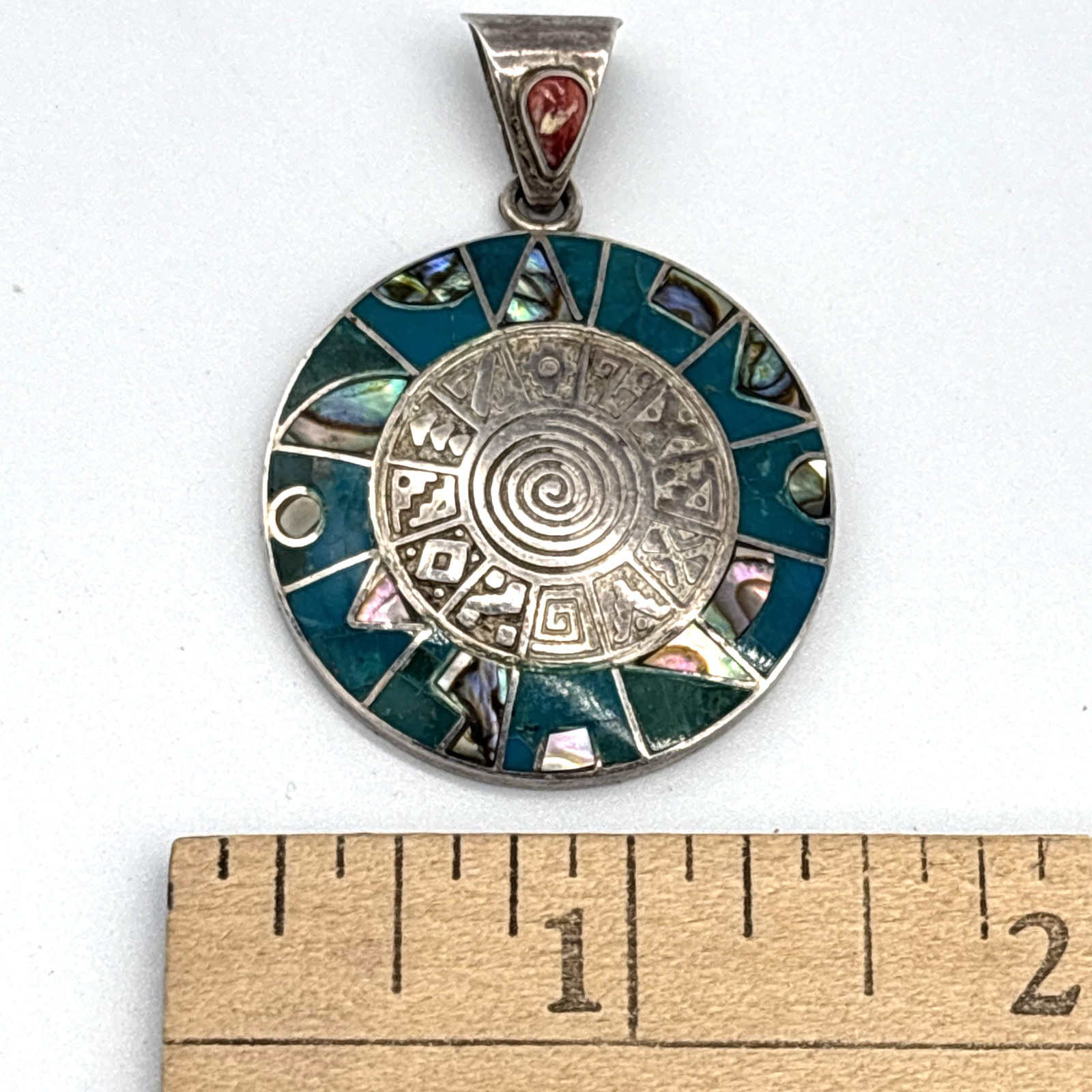 VTG Sterling Silver 950 Inlay Pendant Turquoise / Mother of Pearl 12.06 grams