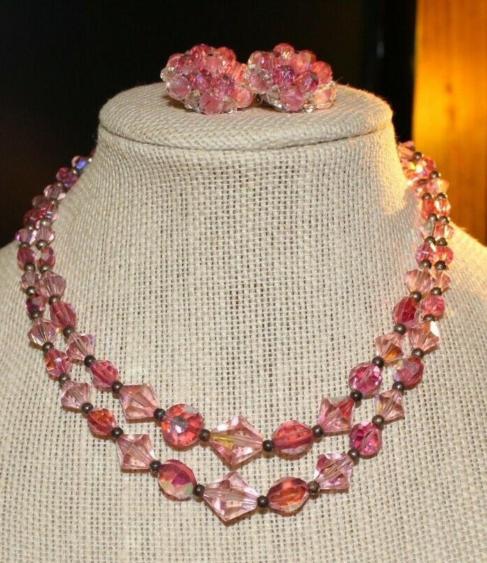 VINTAGE AB PINK 2 STRAND FACTED GLASS BEAD NECKLACE+CLUSTER CLIPS GORGEOUS!