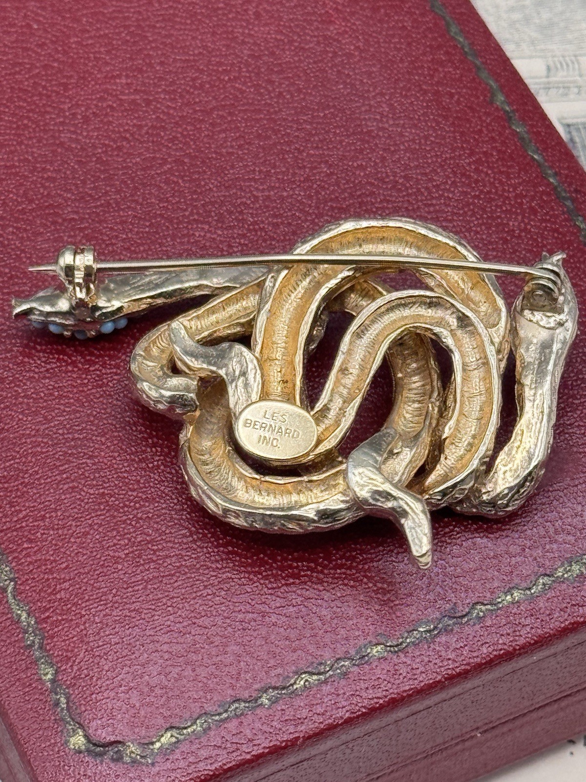 Les Bernard Snake Brooch Goldtone Serpent Blue Cabochon 2” Signed Inc Vintage
