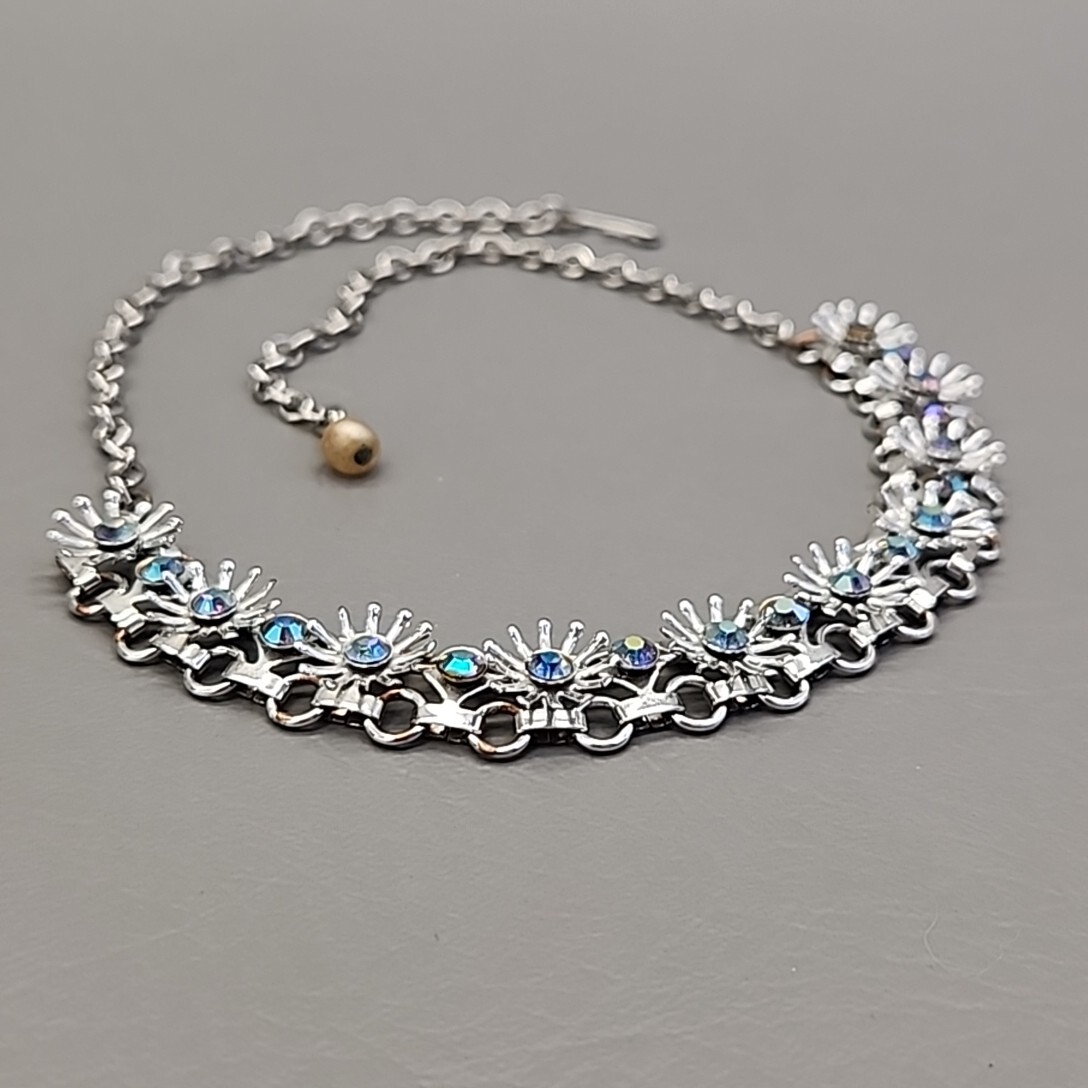 Vintage Rhinestone Necklace Flower Blue AB Glass Round Silver Tone 17.5 in